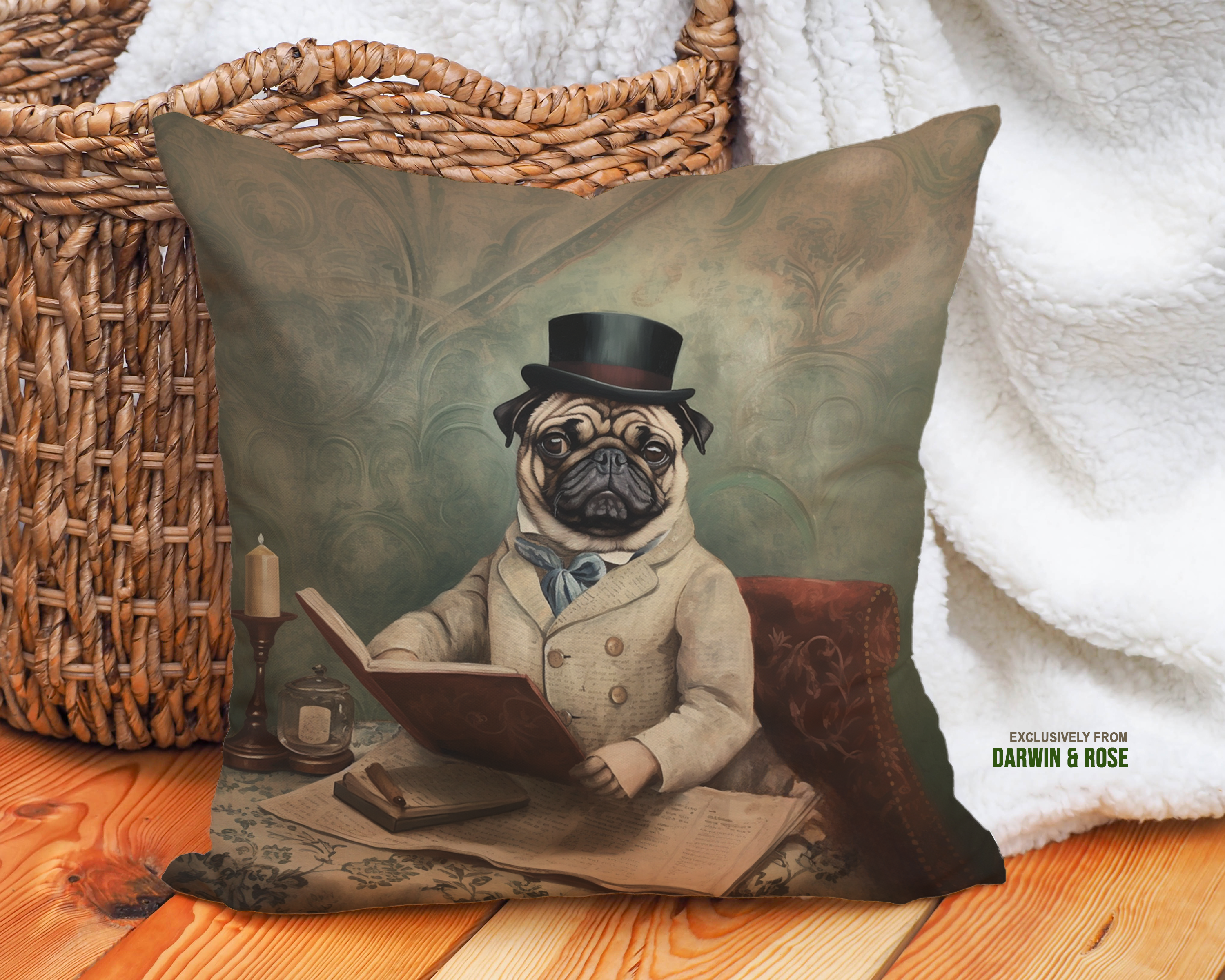 Distinguished Pug Gentleman Vintage Throw Pillow