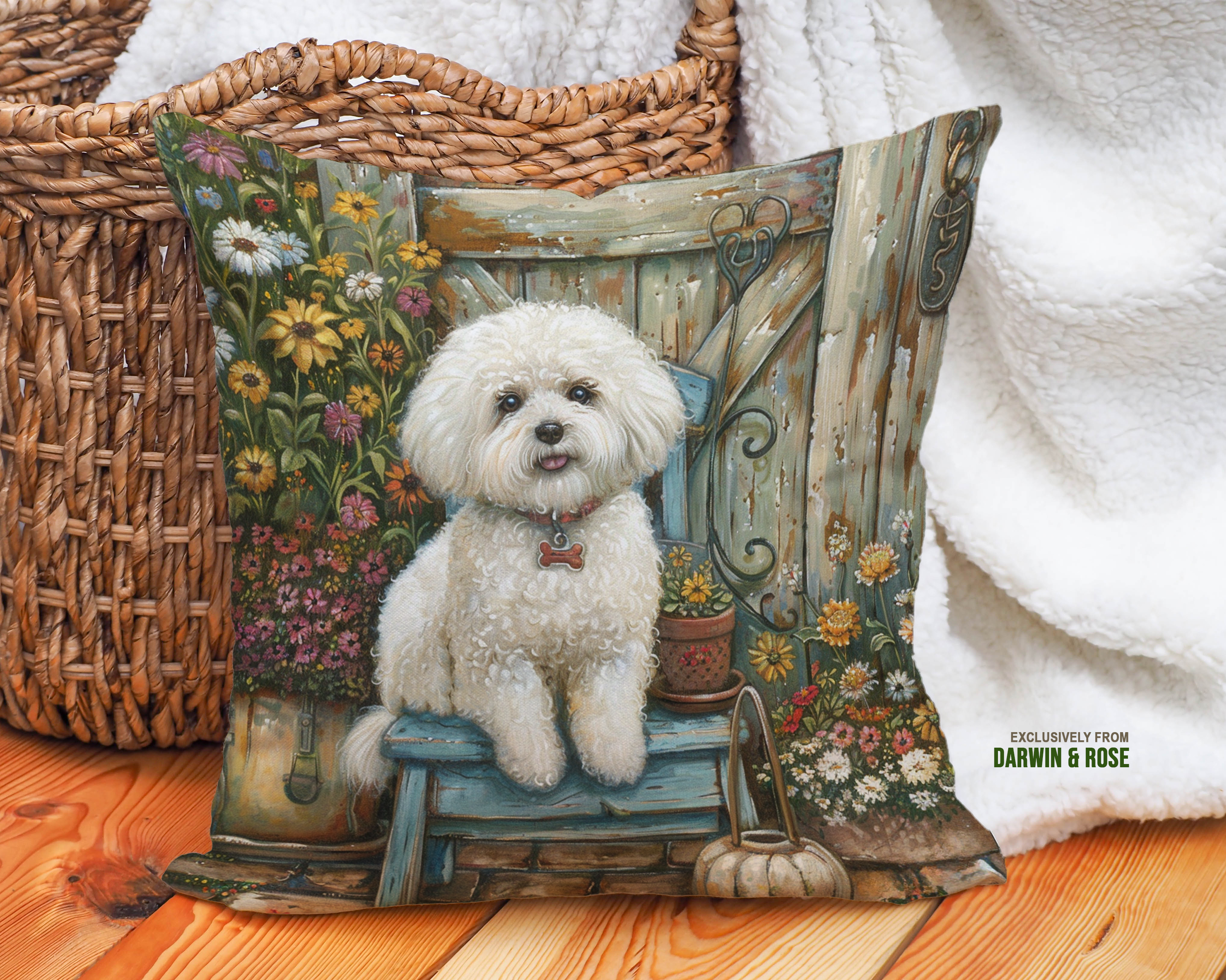 Bichon Frise Cottage Garden Throw Pillow – Rustic Farmhouse Charm