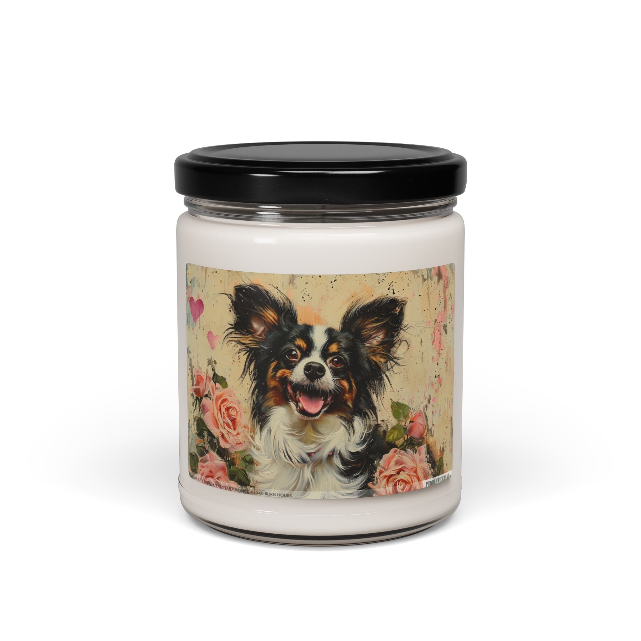 Papillon Dog Candle - Adorable Pup Gift, Soy Wax, Vintage Roses - Darwin & Rose