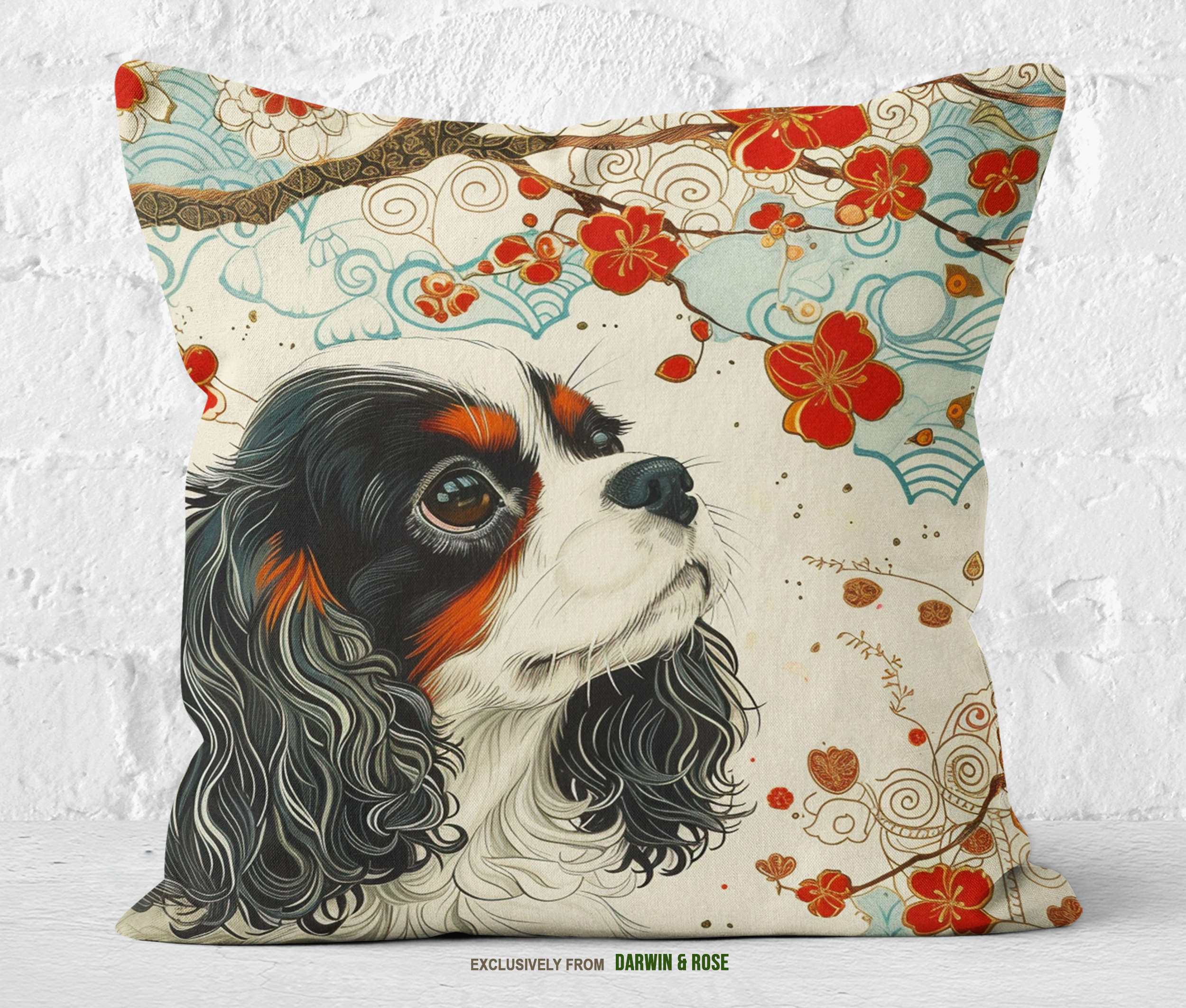 Cavalier King Charles Spaniel Bloom Throw Pillow - Elegant Boho Decor