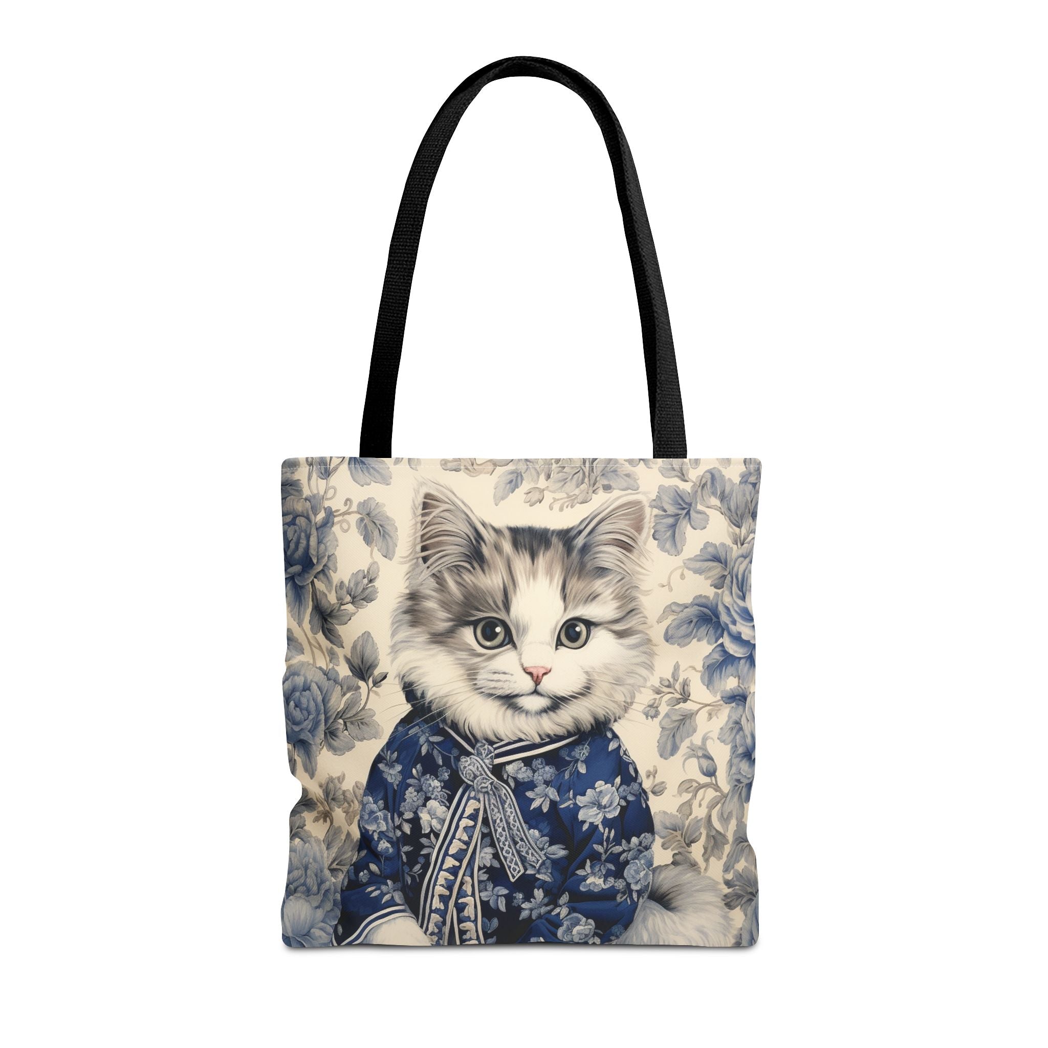 Chic Blue Floral Cat Tote Bag - Eco-Friendly Reusable Canvas - Darwin & Rose