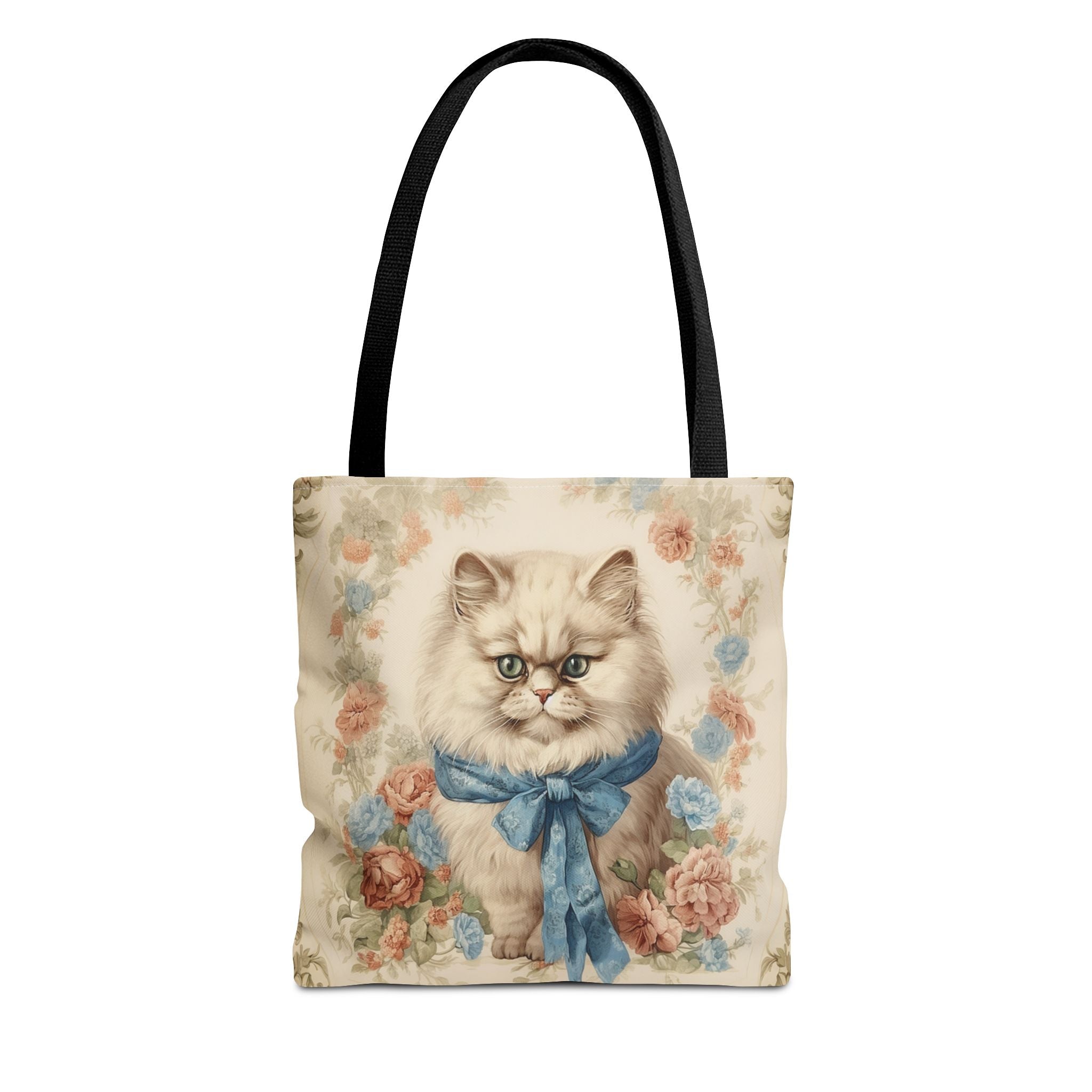 Persian Cat Floral Elegance Tote Bag with Blue Bow for Cat Lovers - Darwin & Rose