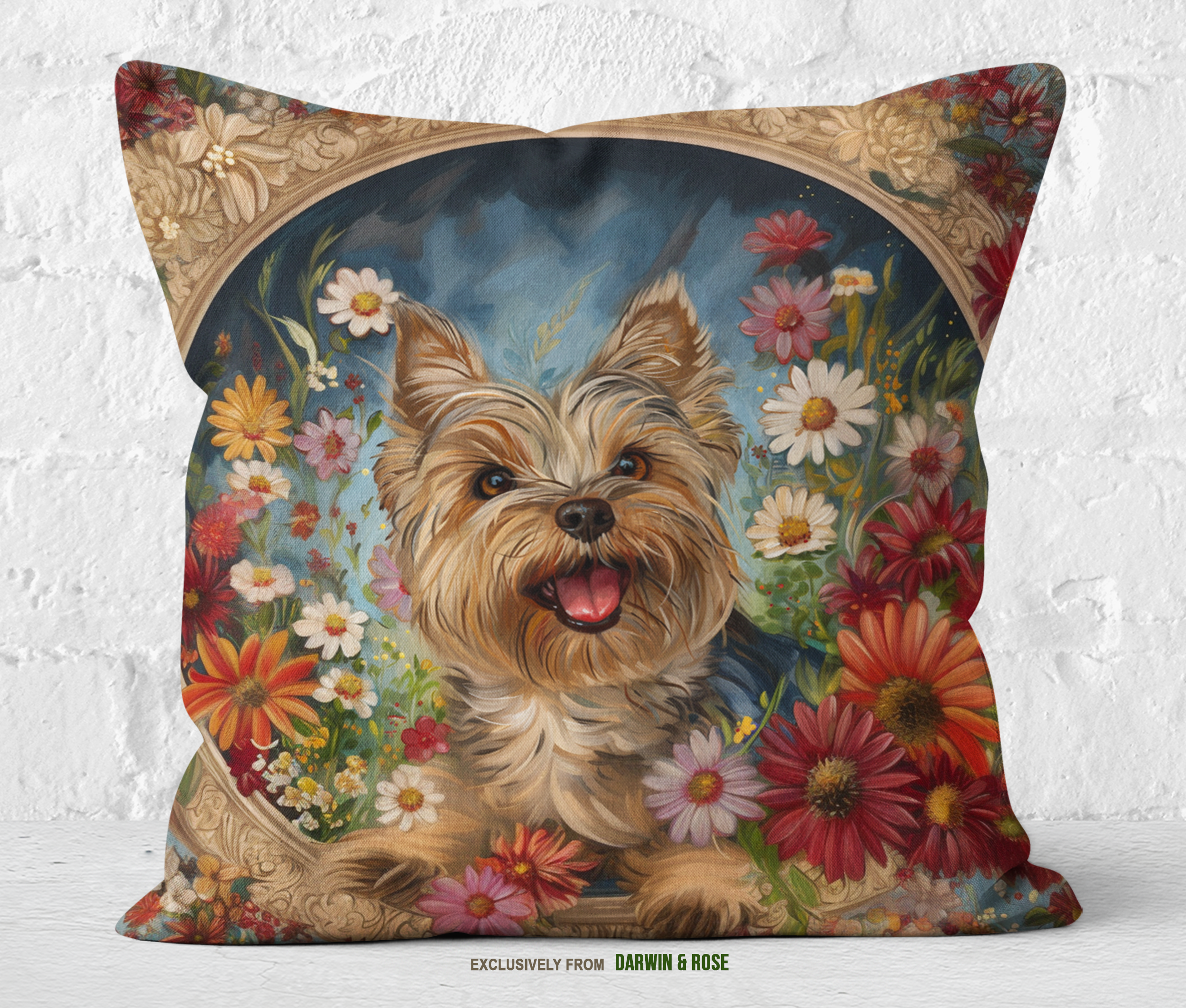 Yorkshire Terrier Floral Boho Throw Pillow – Vibrant and Charming Décor