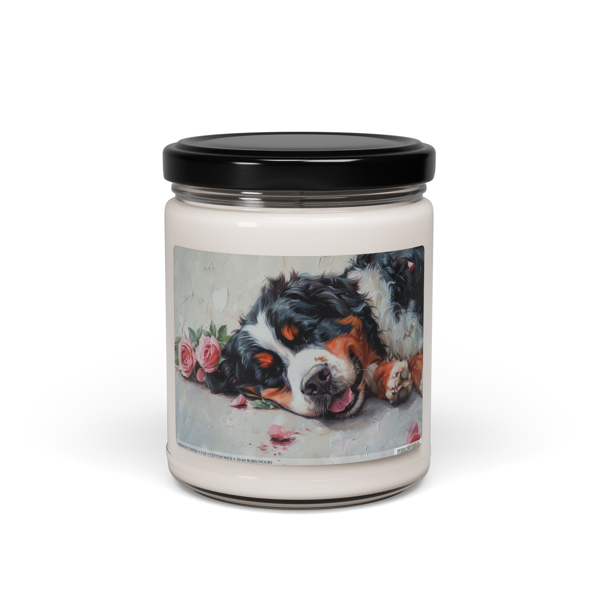 Bernese Mountain Dog Candle - Cozy Soy Pet Lover Gift with Floral Art - Darwin & Rose