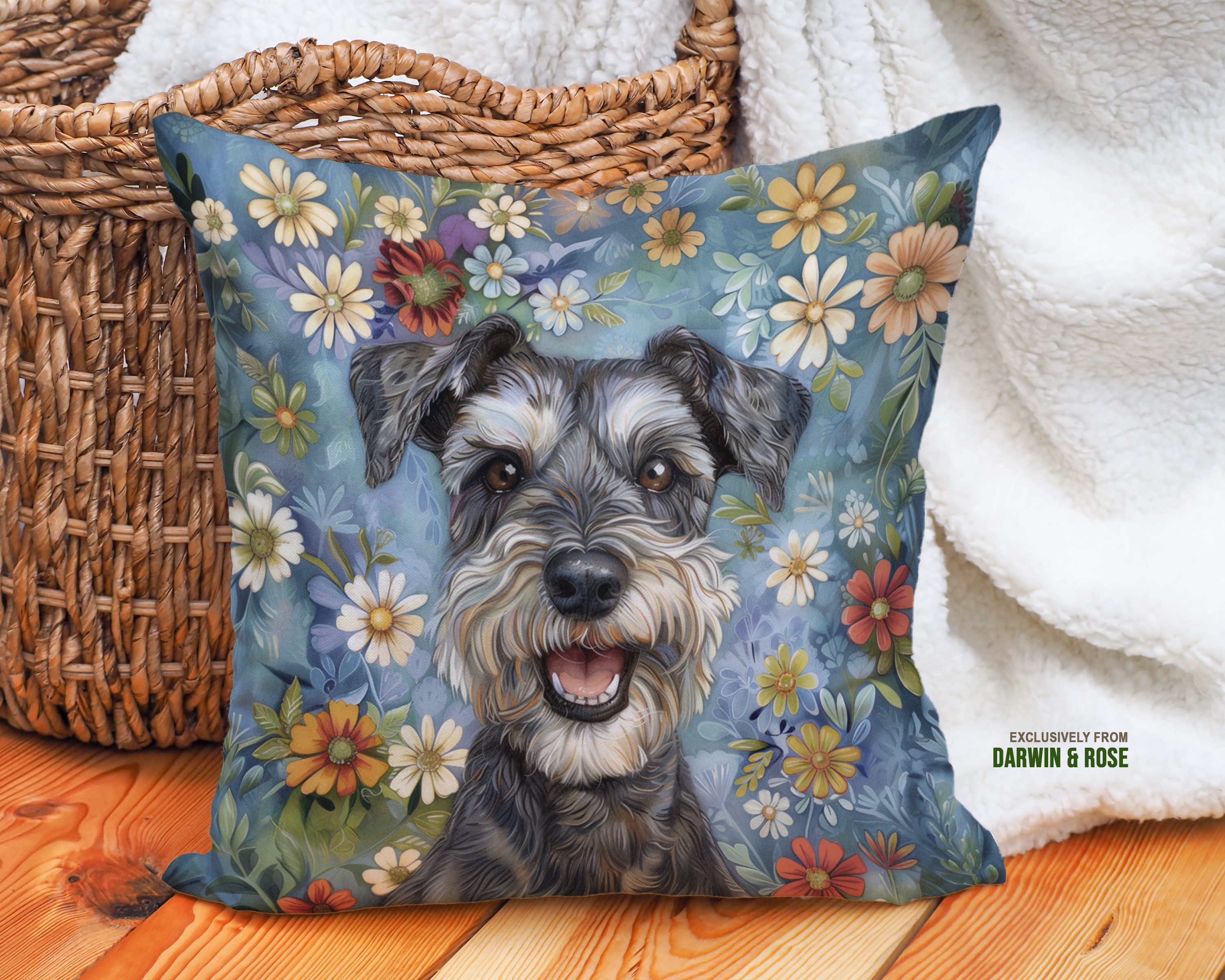 Miniature Schnauzer Floral Bliss Throw Pillow – Modern Farmhouse Style