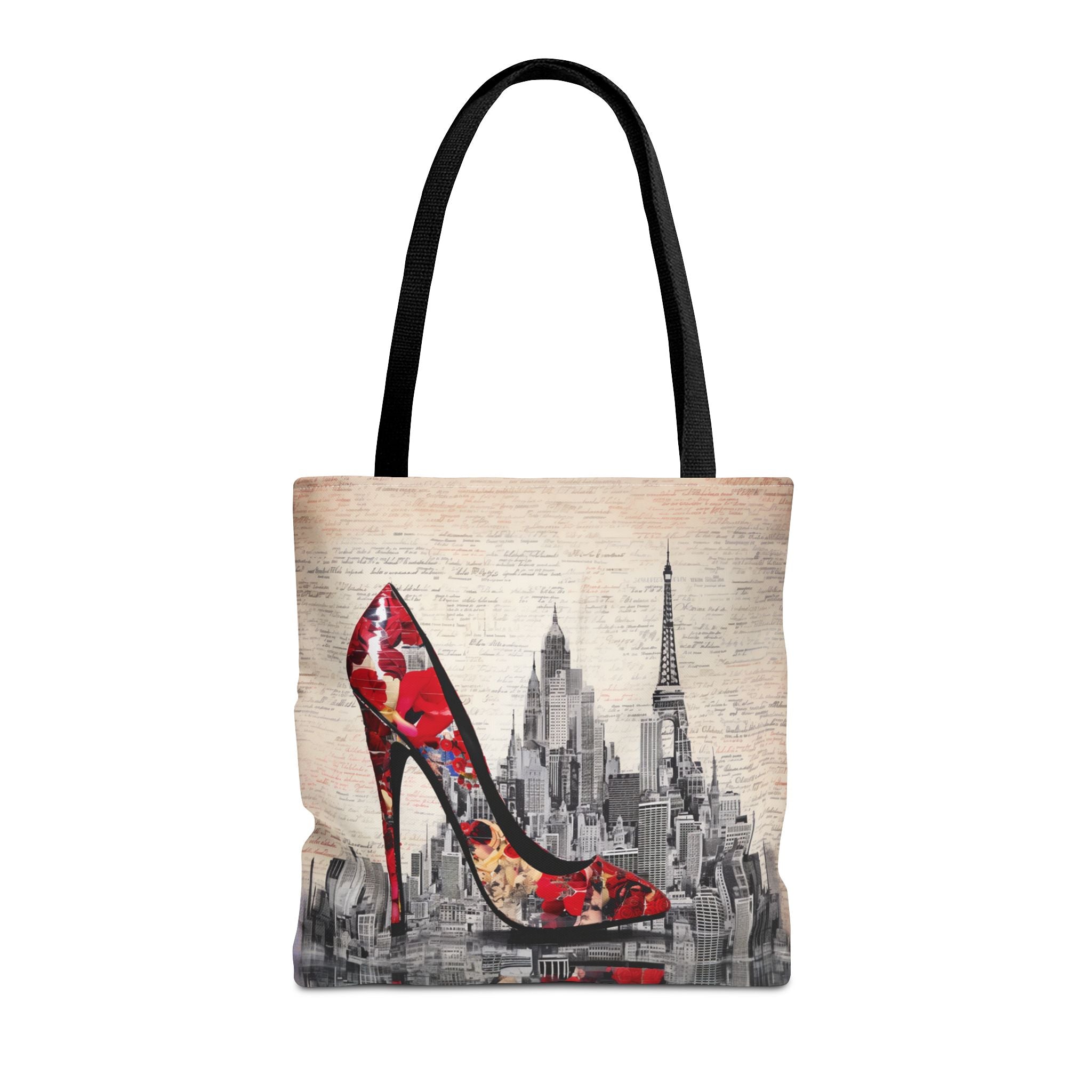 Chic Red Stiletto and Cityscape Tote Bag, Stylish Eco-Friendly Design - Darwin & Rose