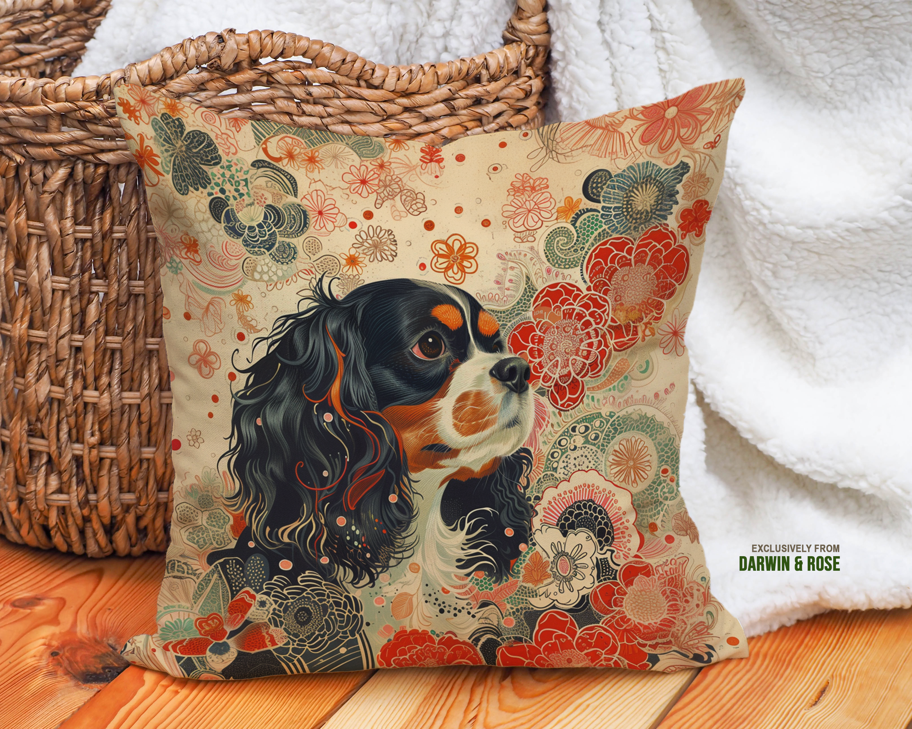 Elegant Boho Cavalier King Charles Spaniel Floral Throw Pillow