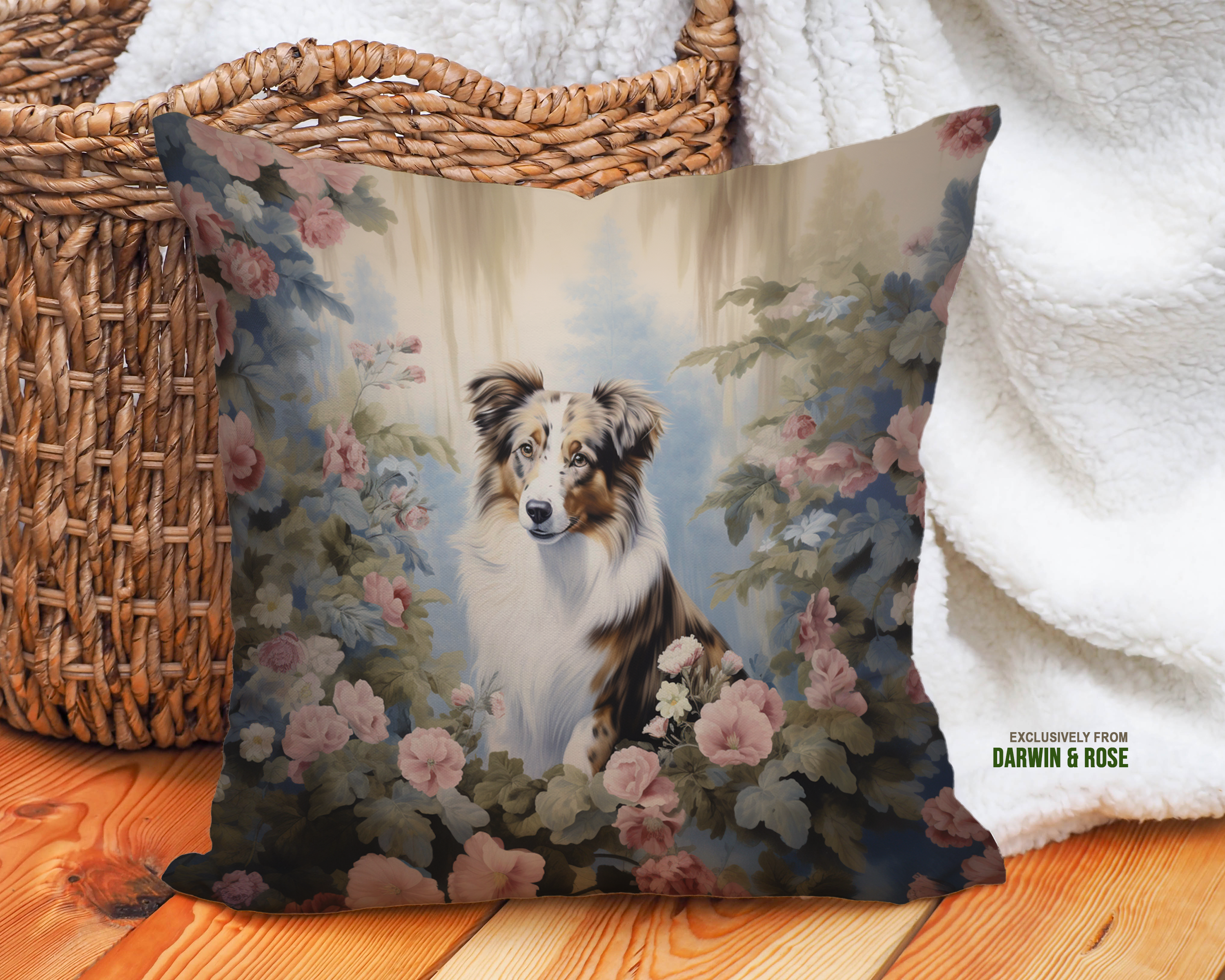 Australian Shepherd in Vintage Floral Bliss Throw Pillow