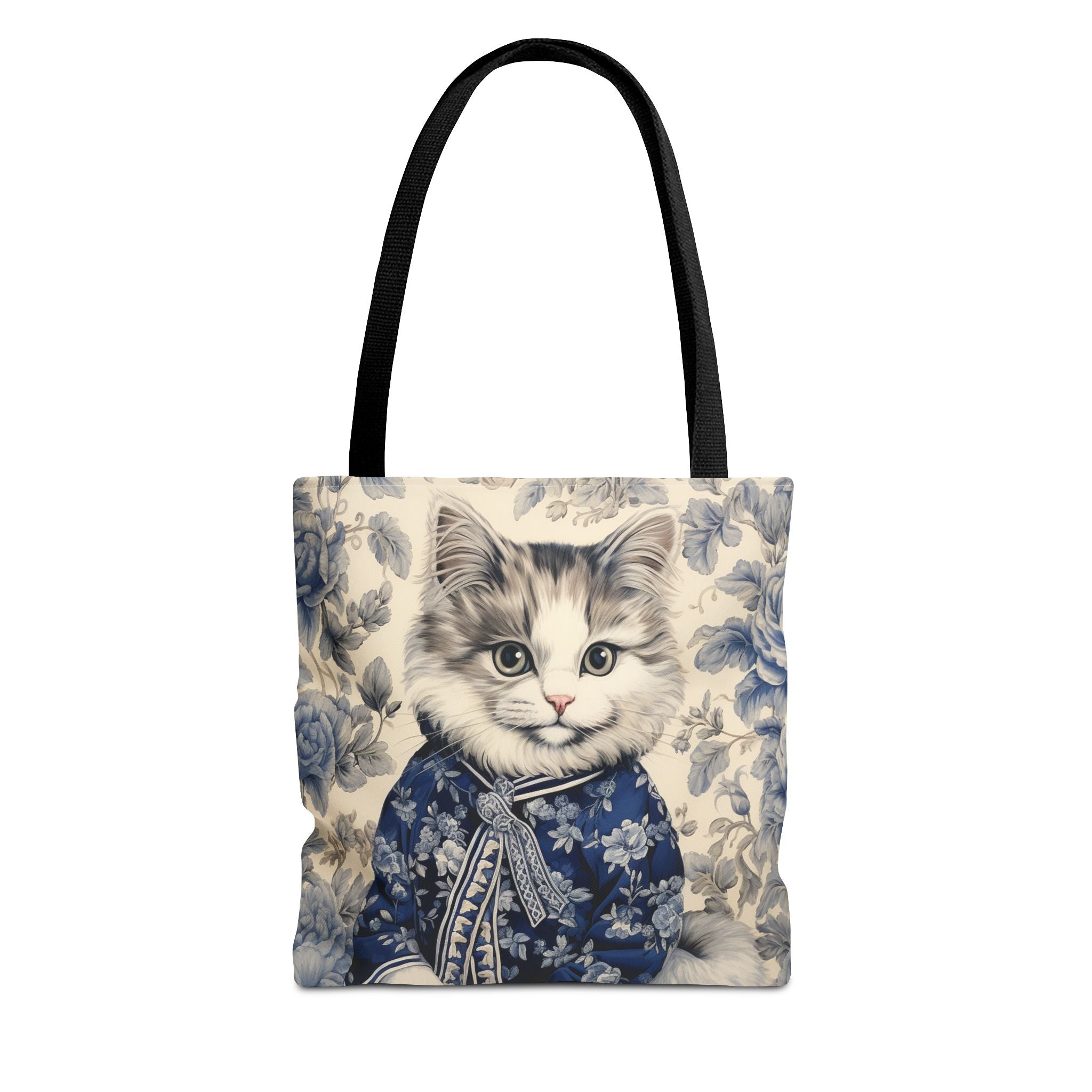 Chic Blue Floral Cat Tote Bag - Eco-Friendly Reusable Canvas - Darwin & Rose