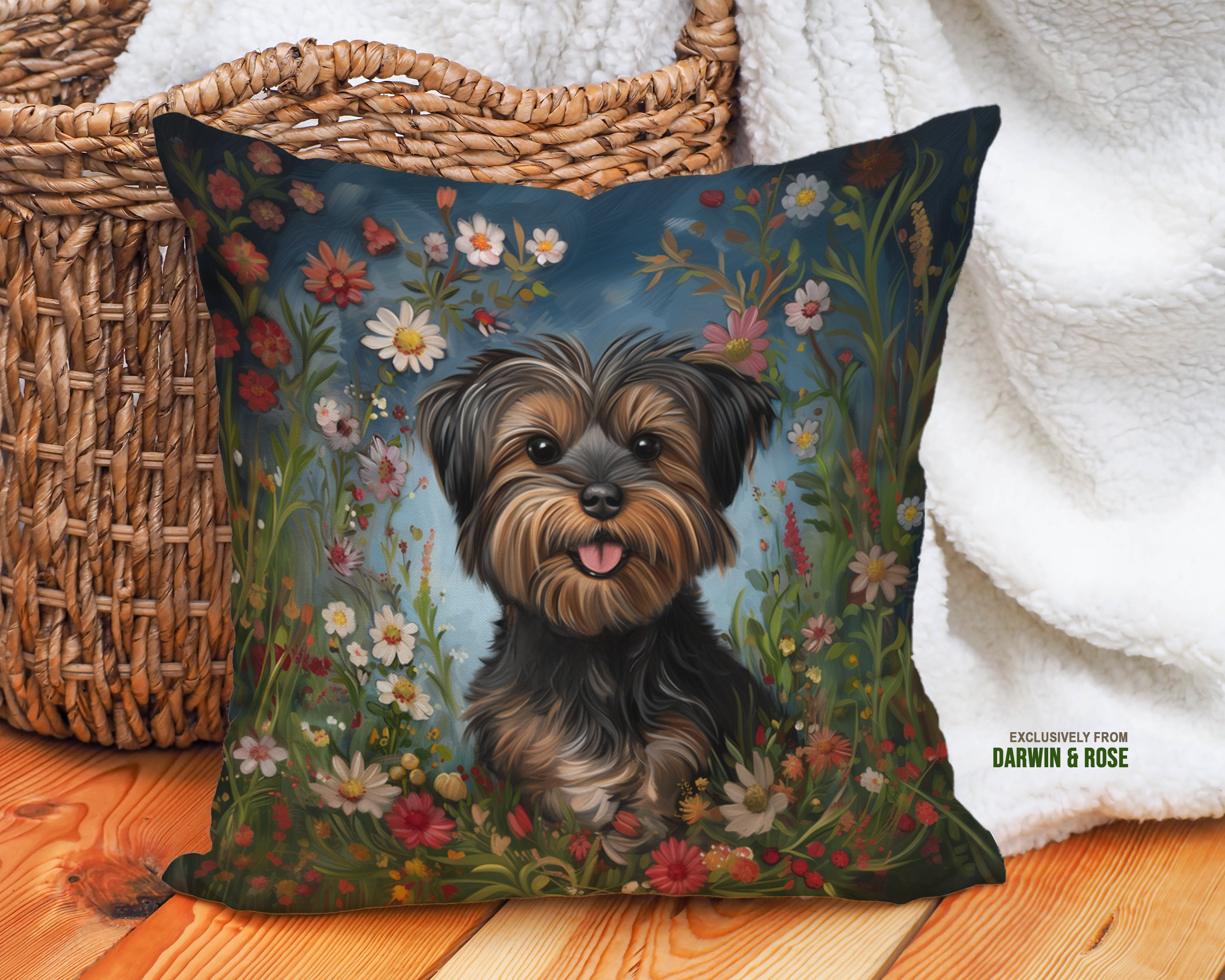 Yorkipoo Floral Meadow Throw Pillow - Modern Farmhouse Decor