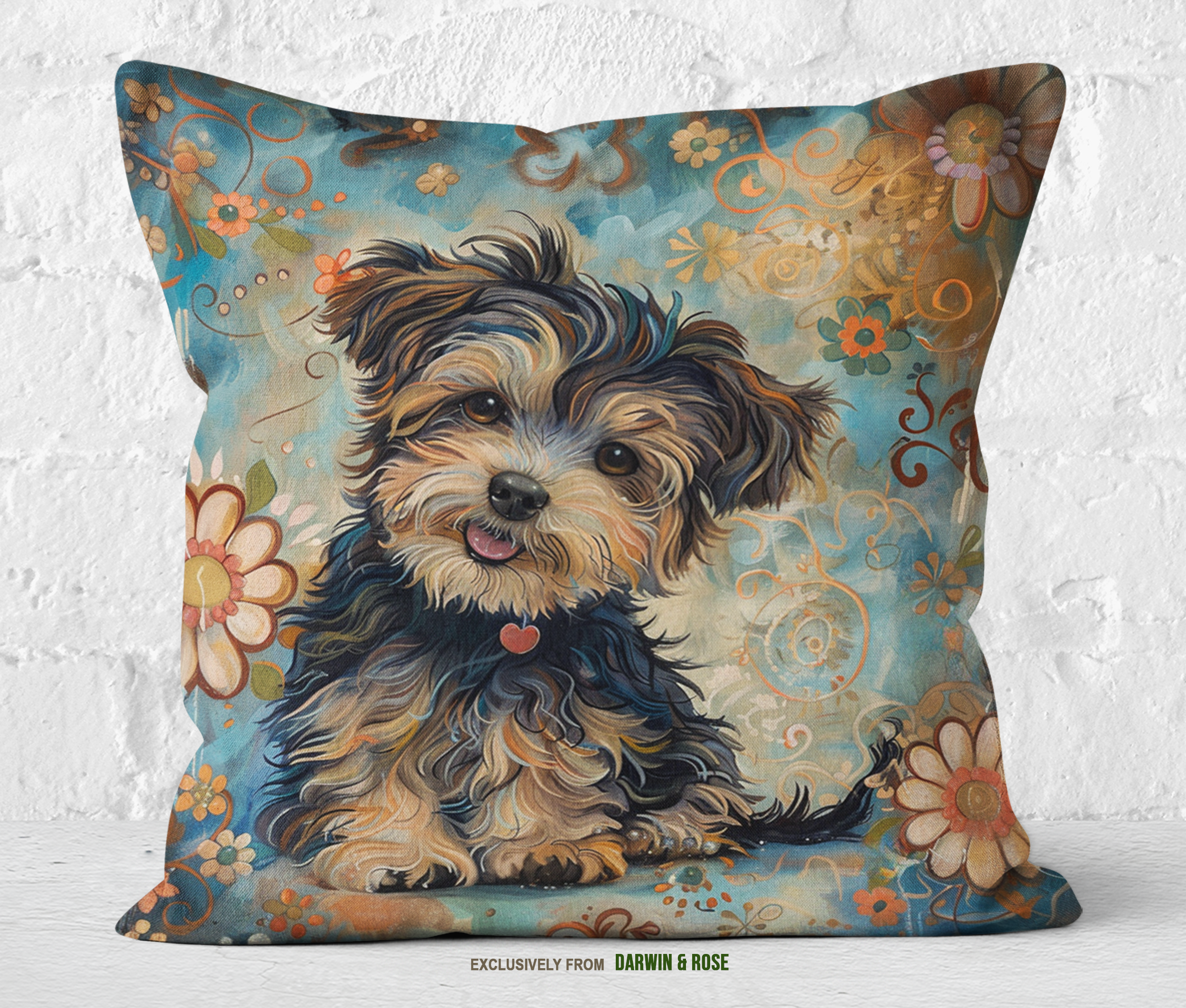 Yorkipoo Blooms Art Throw Pillow – Boho Floral Design