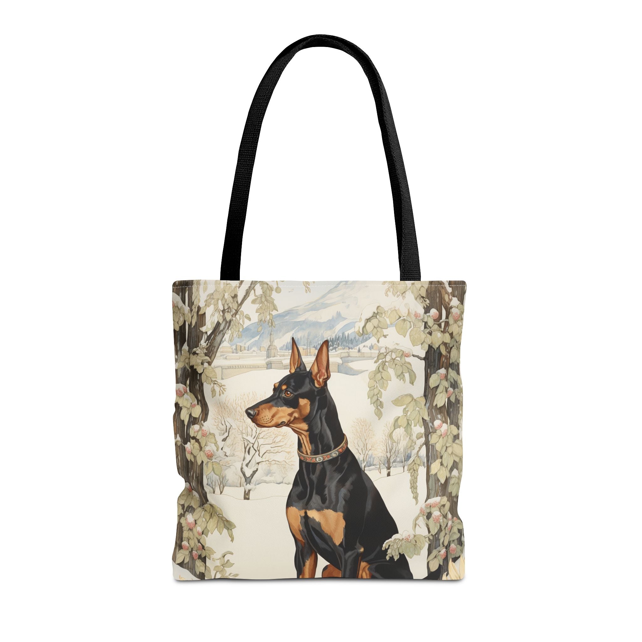 Winter Doberman Tote Bag - Elegant Snowy Alpine Scene Canvas Bag - Darwin & Rose