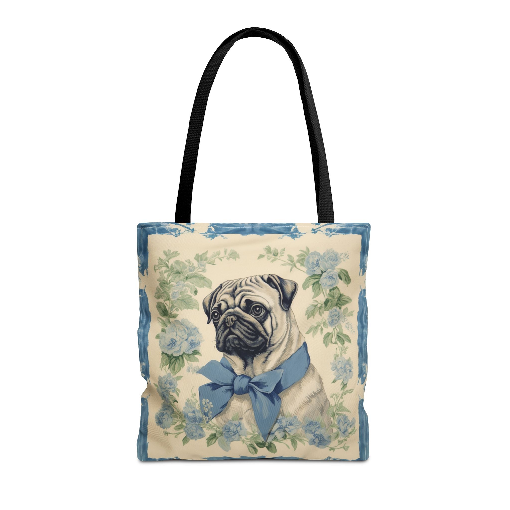 Charming Pug Tote Bag with Blue Bow and Floral Design - Darwin & Rose