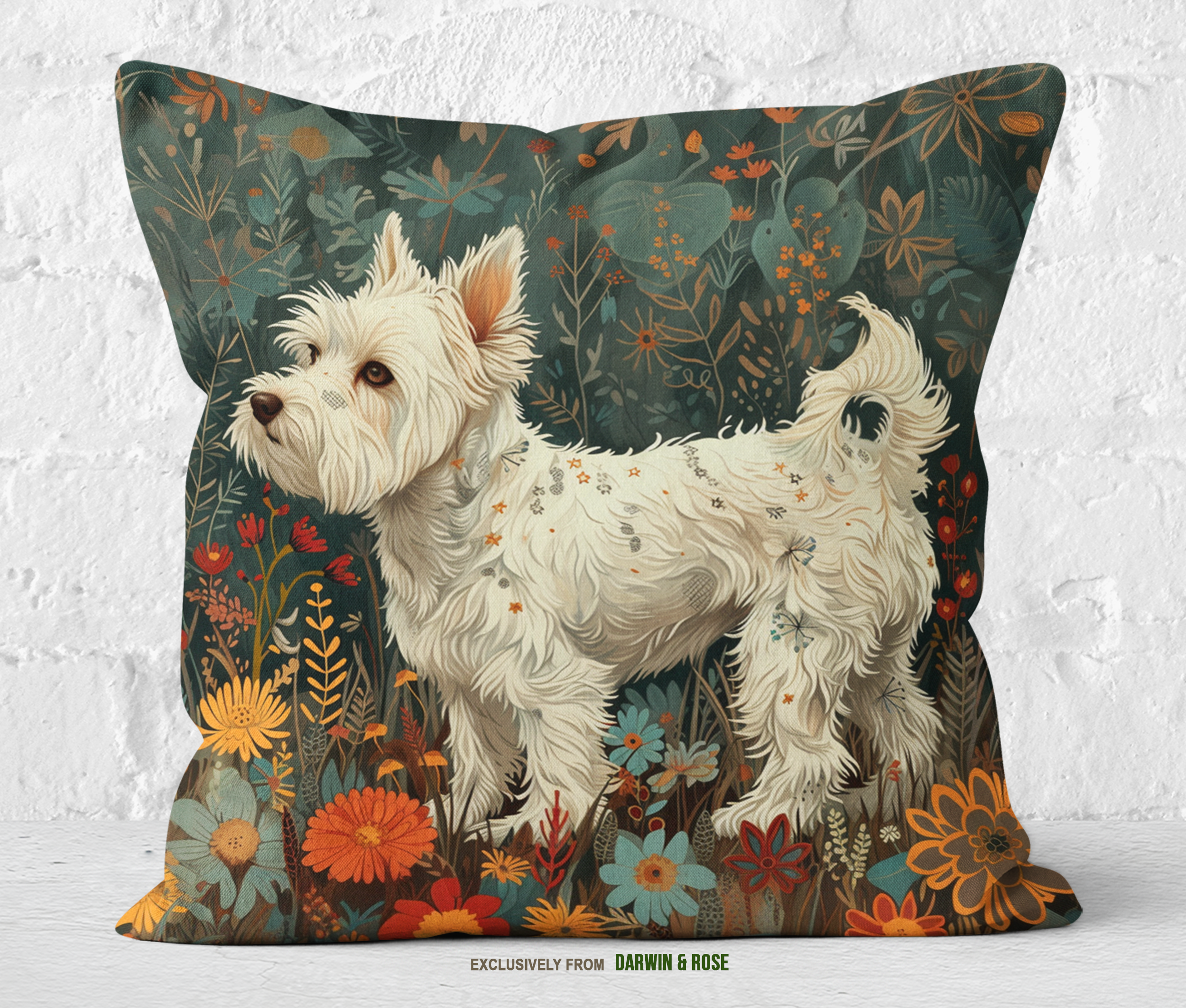 Westie Blooms: Modern Floral West Highland White Terrier Throw Pillow