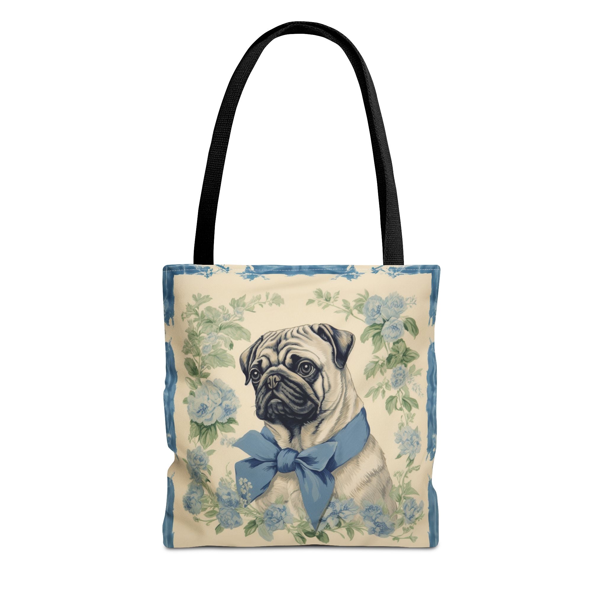 Charming Pug Tote Bag with Blue Bow and Floral Design - Darwin & Rose