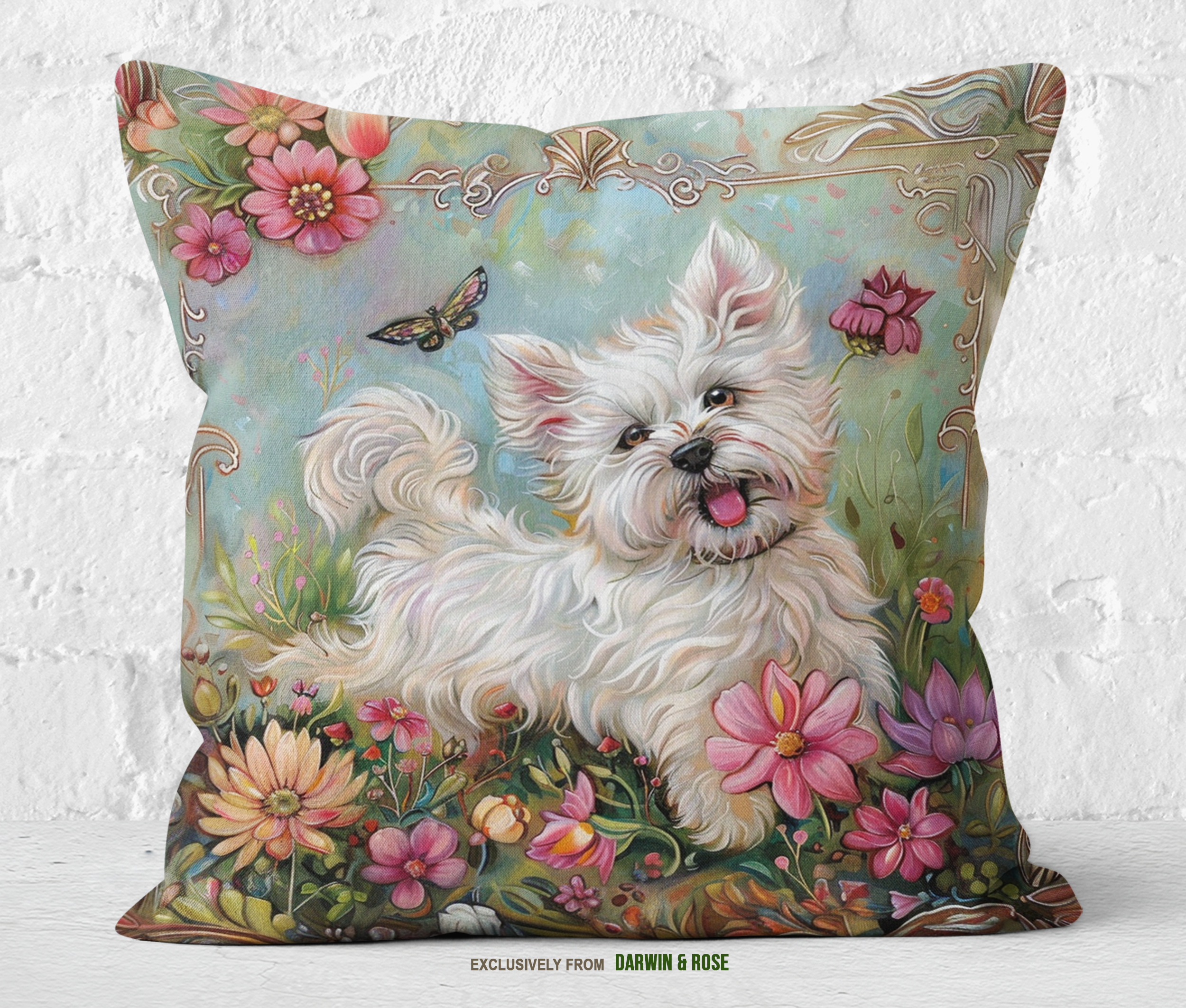 Whimsical Westie Bloom Throw Pillow – Art Nouveau Style with Flowers