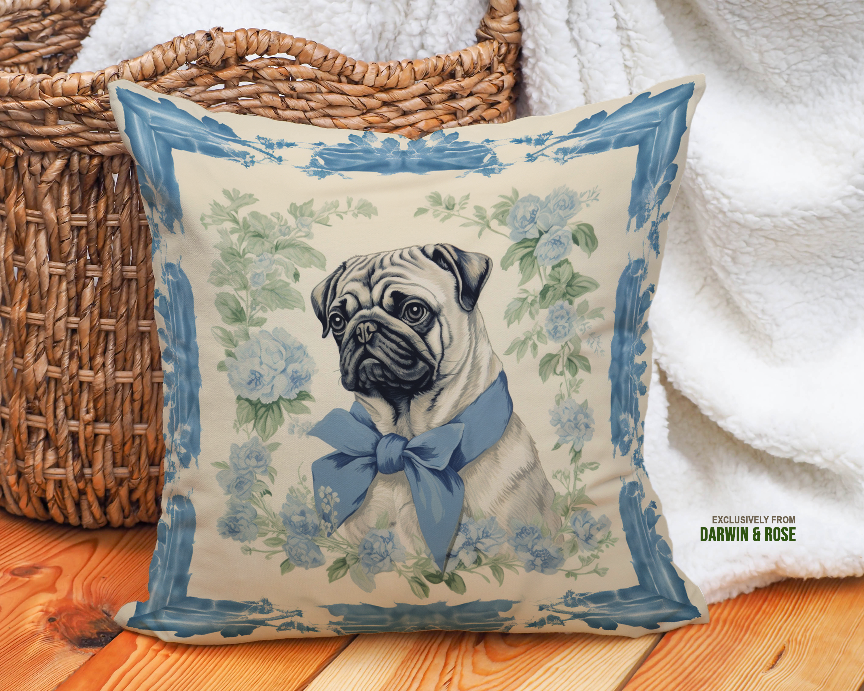 Charming Pug Throw Pillow with Vintage Blue Floral Design