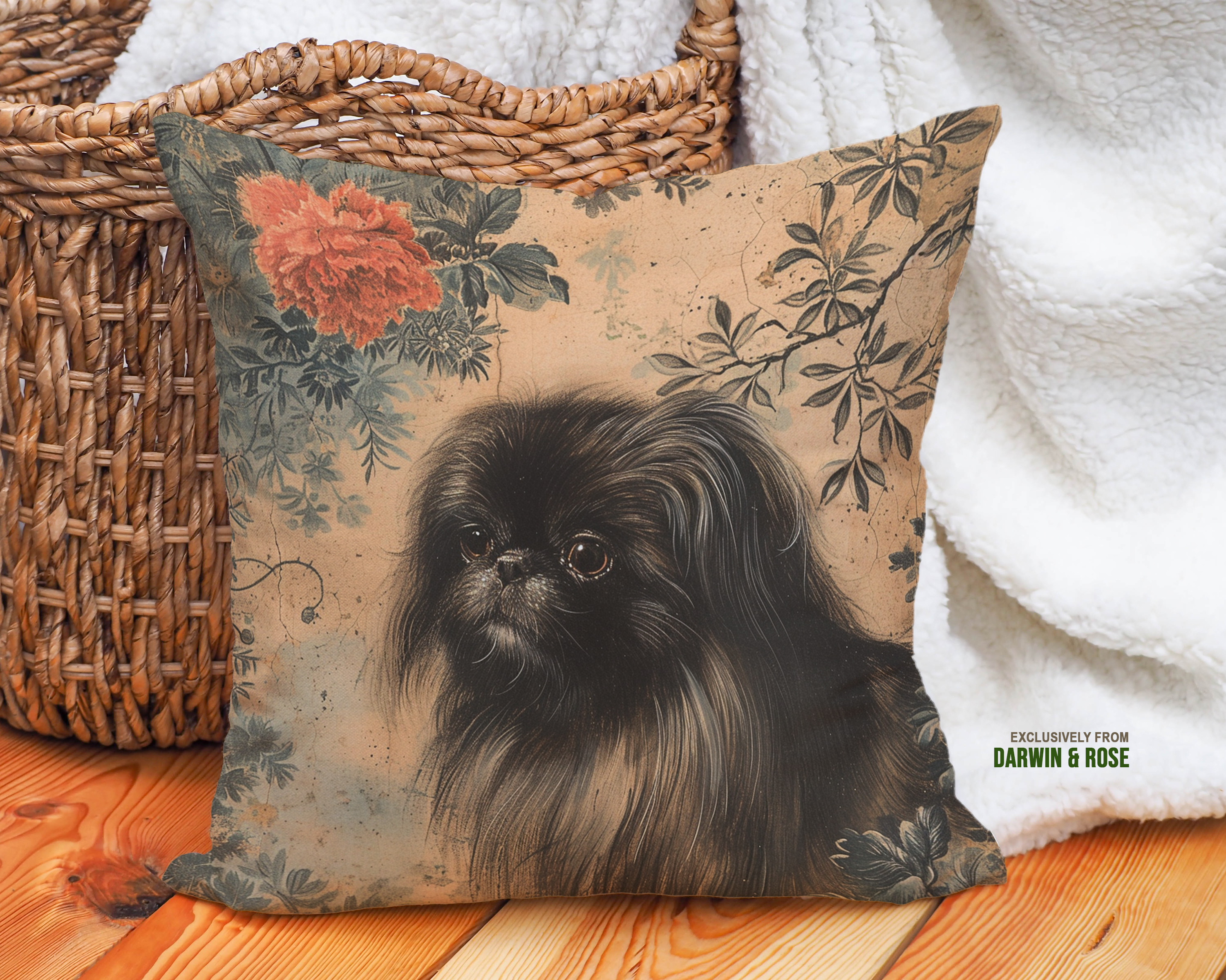 Vintage Pekingese Floral Throw Pillow – Elegant Boho Home Décor