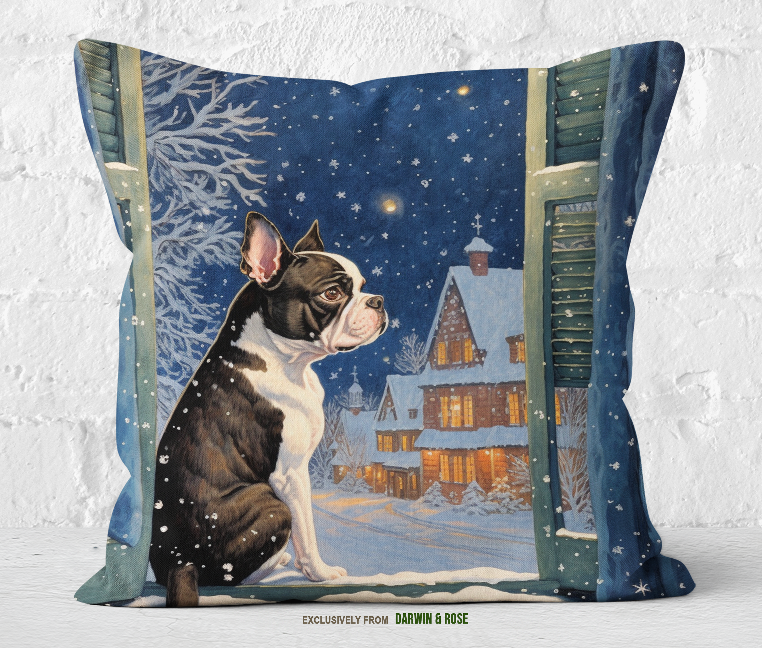 Boston Terrier Winter Wonderland Throw Pillow, Cozy Christmas Décor