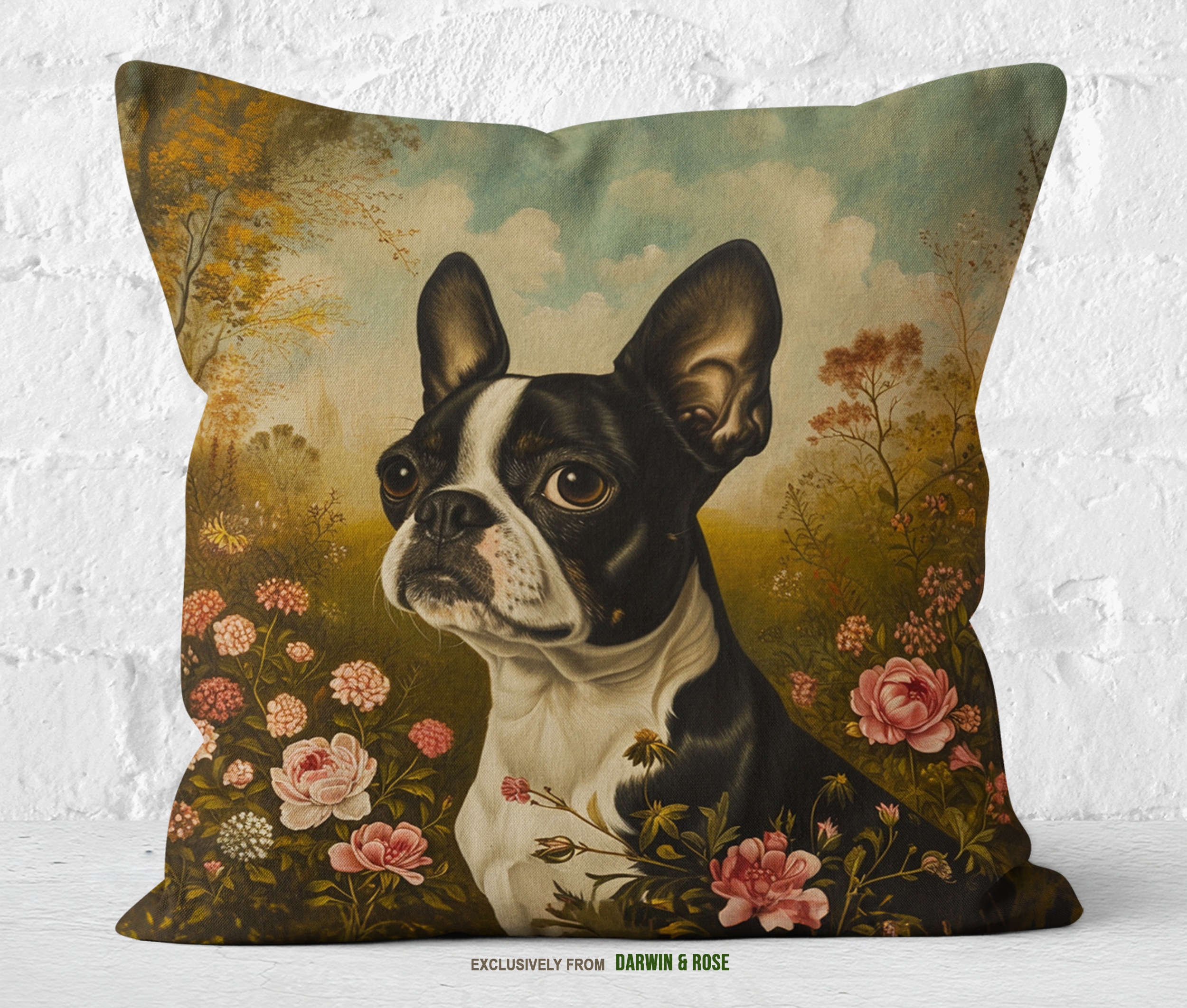 Boston Terrier Floral Portrait Throw Pillow – Vintage Cottage Style