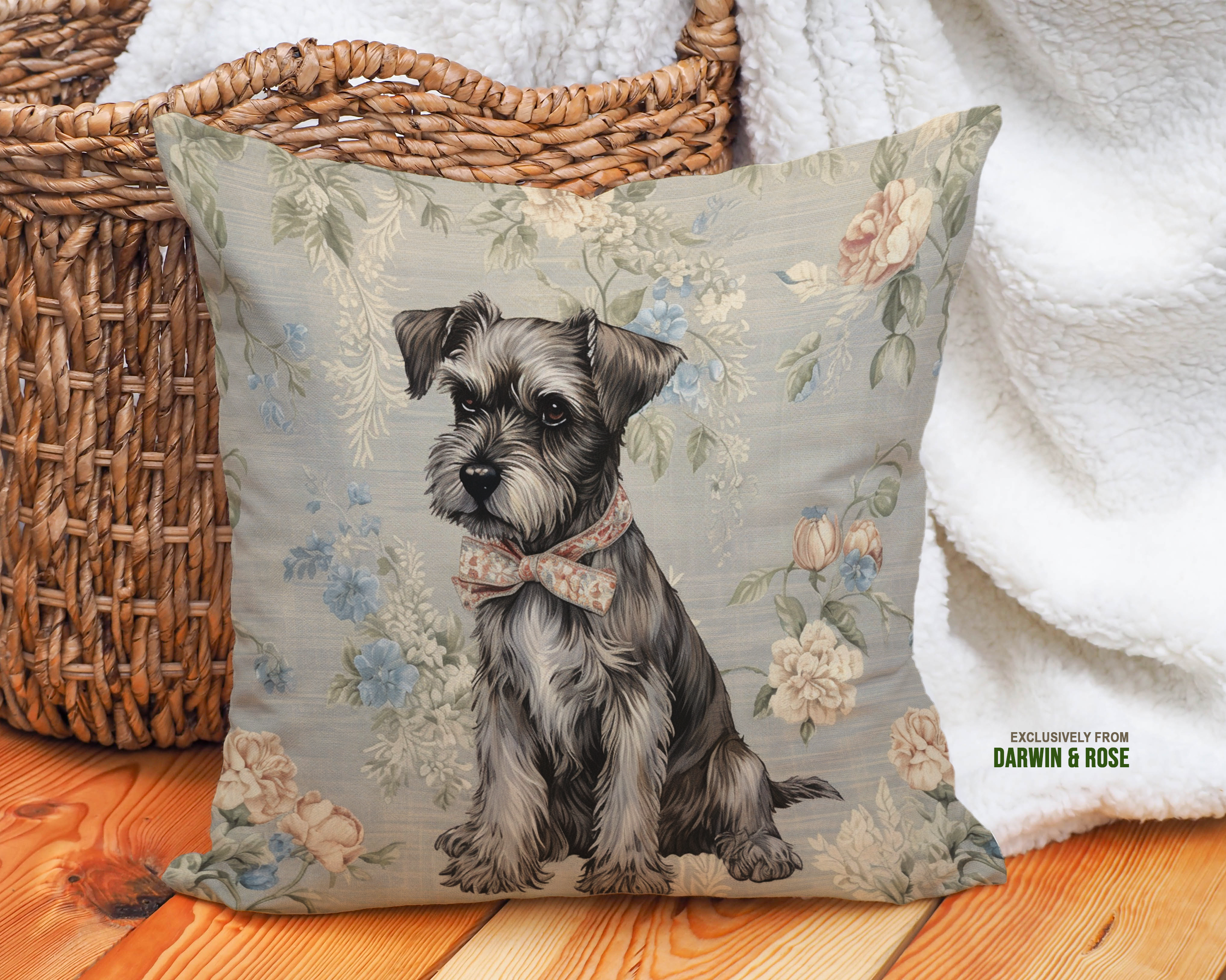 Miniature Schnauzer Charm: Vintage Floral Throw Pillow
