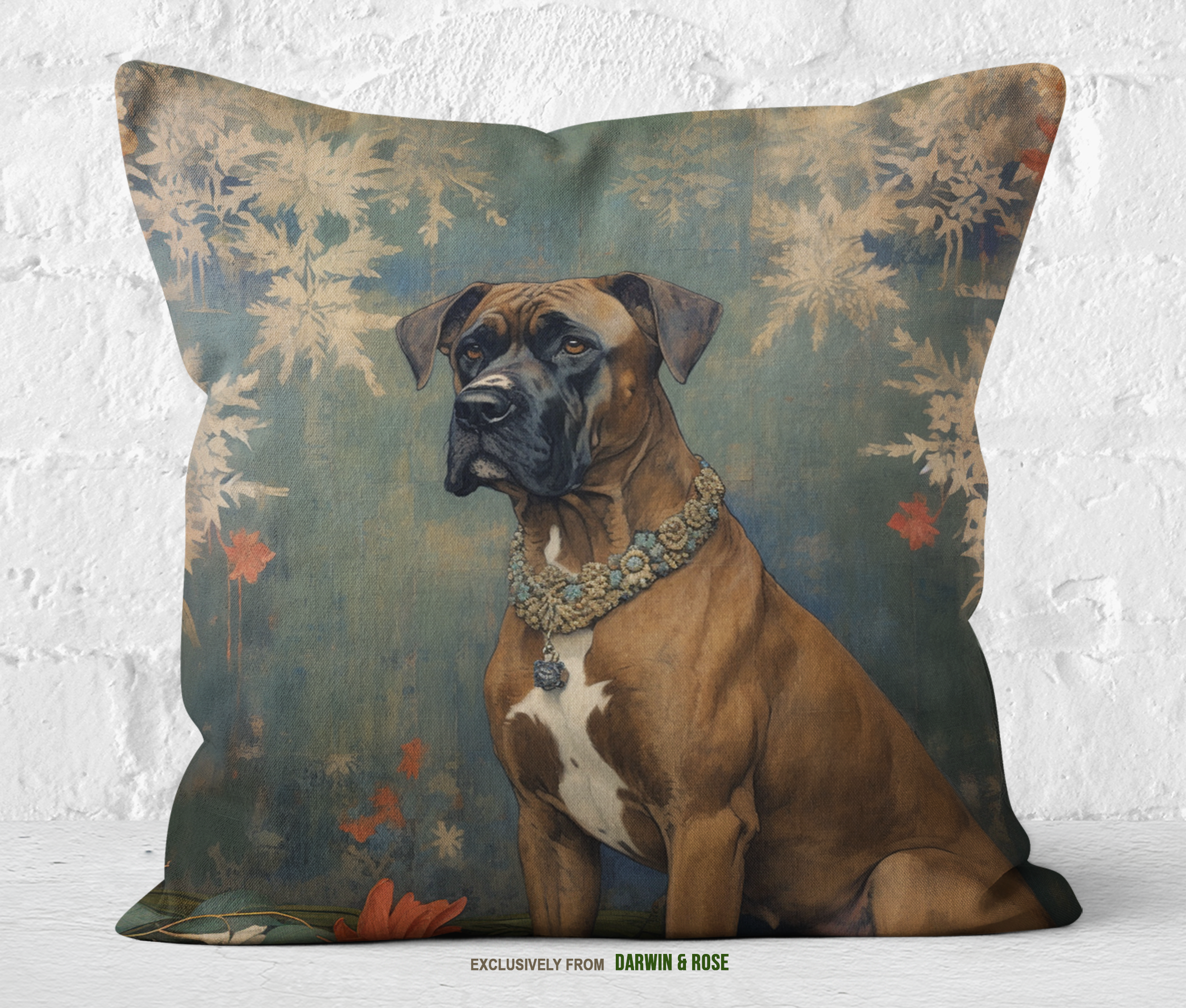 Vintage-Inspired Boxer Dog Throw Pillow – Rustic Floral Charm for Dog Lovers