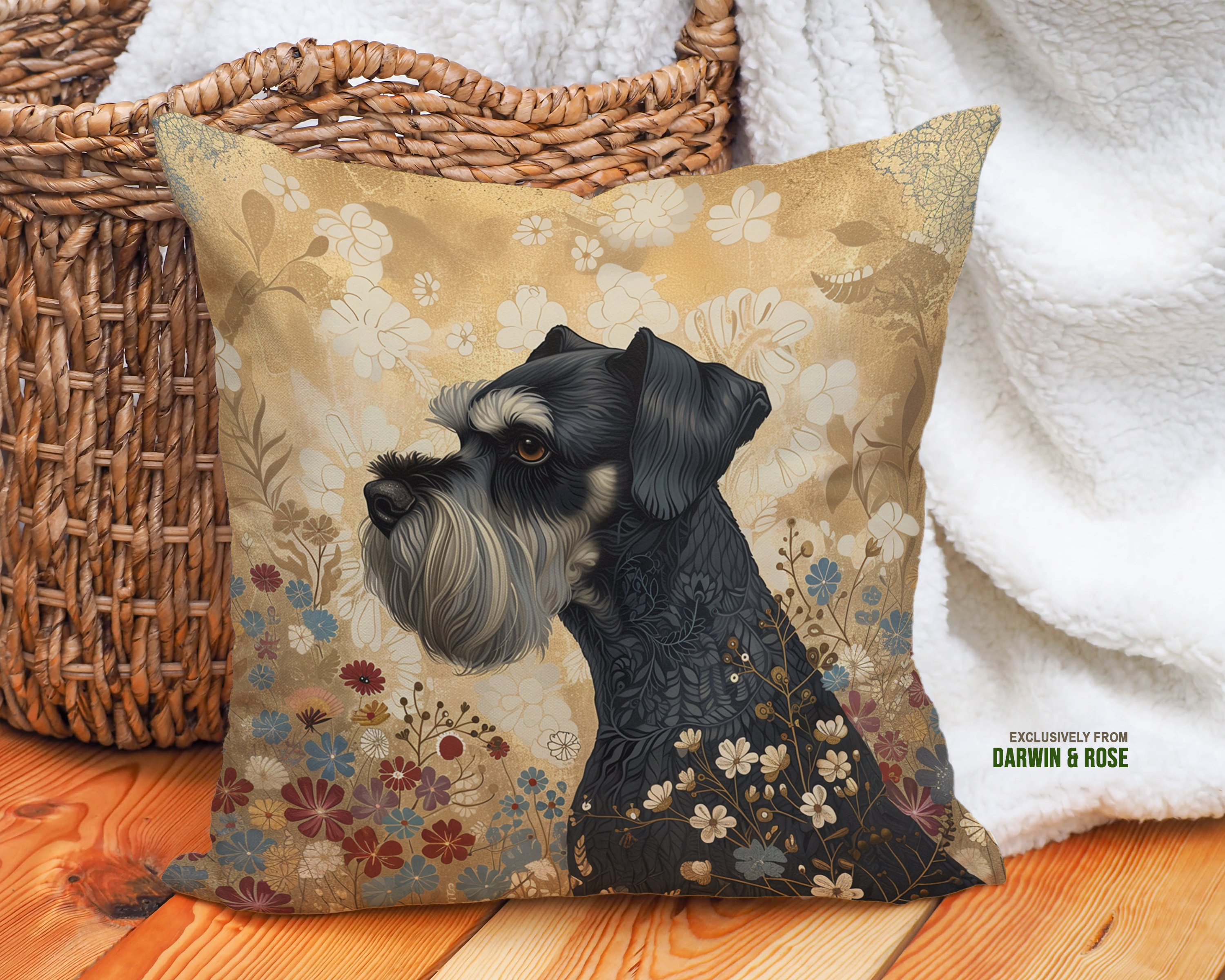 Vintage Floral Miniature Schnauzer Throw Pillow – Boho-Inspired Home Decor
