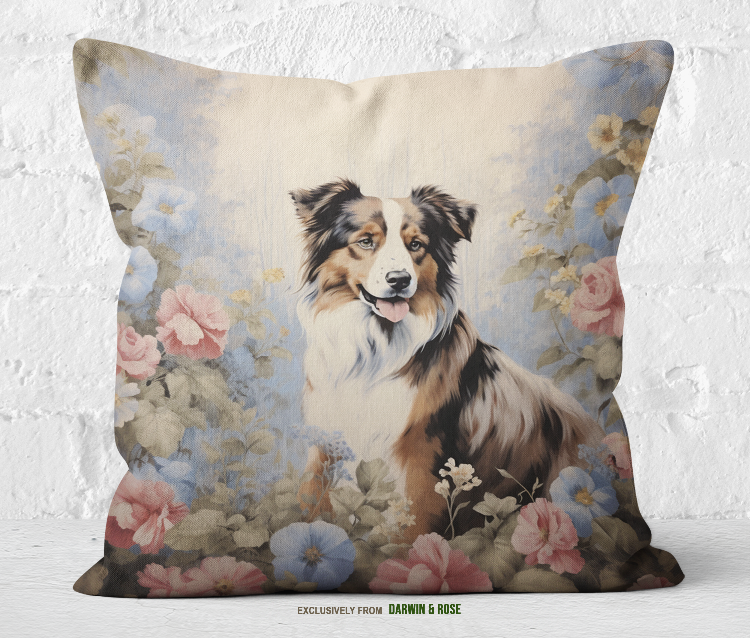 Australian Shepherd Floral Bliss Throw Pillow - Cottagecore Charm for Dog Lovers