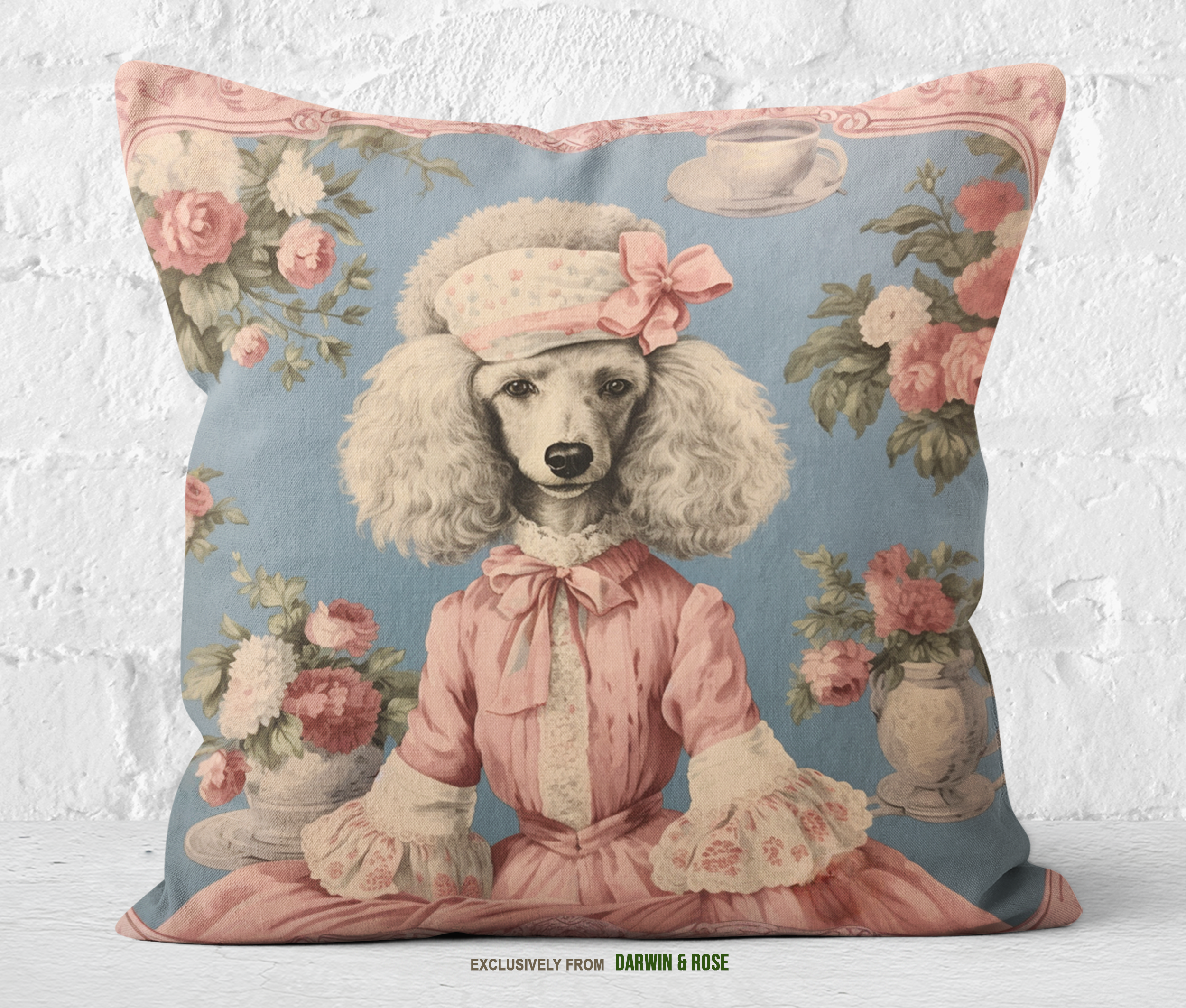 Victorian Elegance Poodle Throw Pillow – Vintage Floral Design