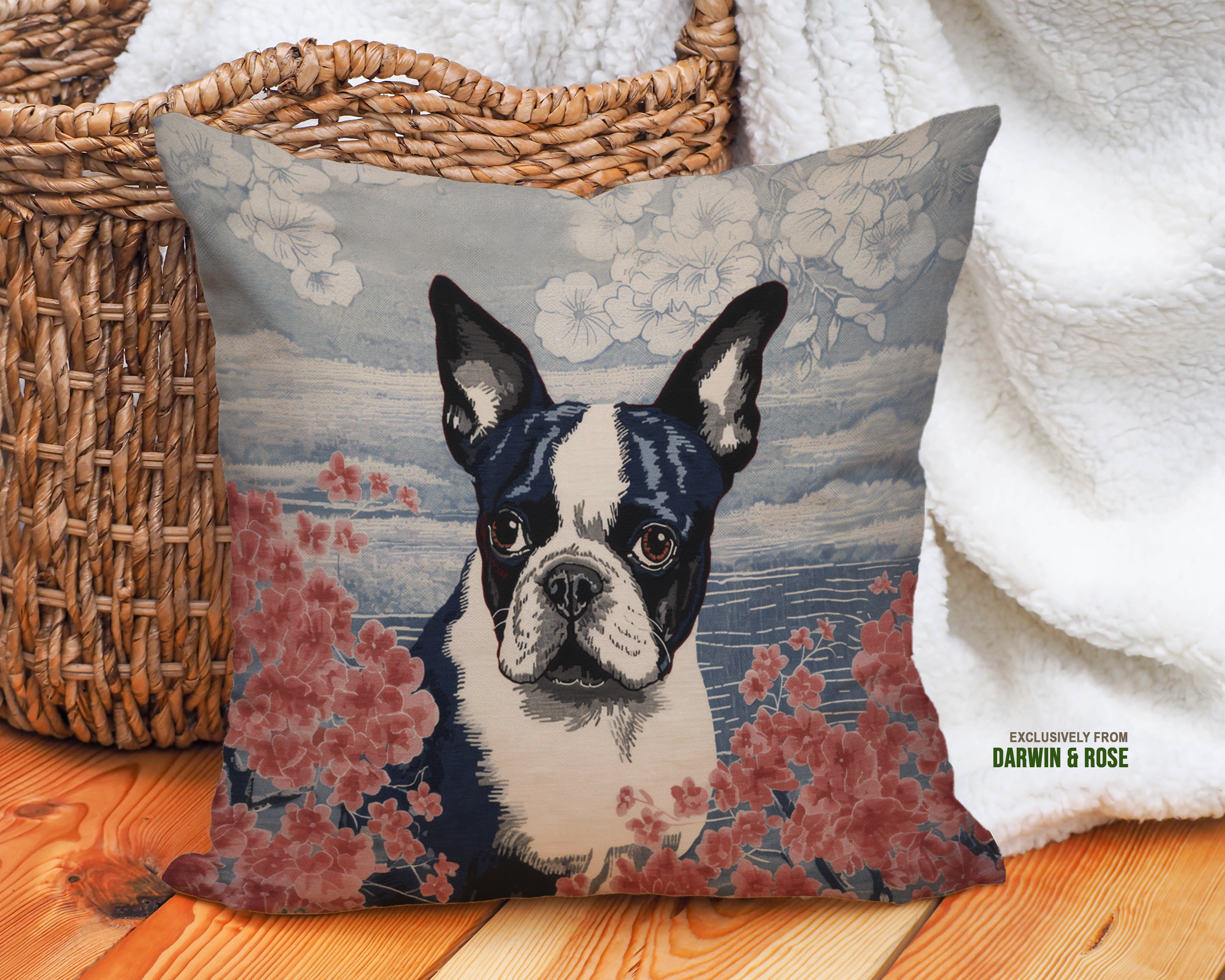 Boston Terrier Floral Charm Throw Pillow - Modern Farmhouse Decor