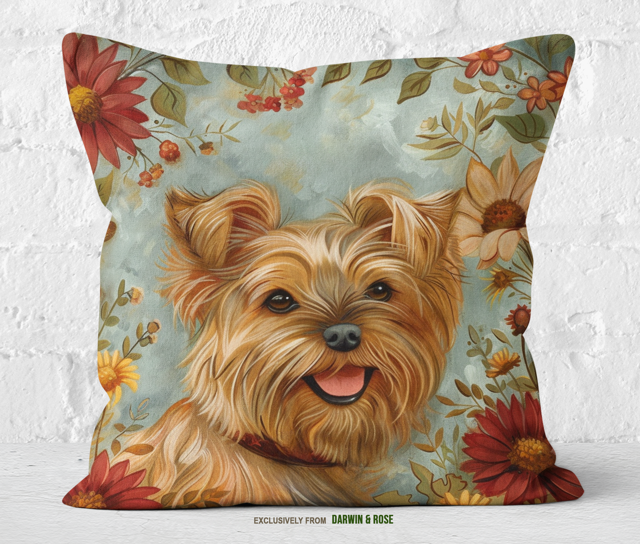 Yorkshire Terrier Autumn Floral Throw Pillow – Rustic Farmhouse Charm