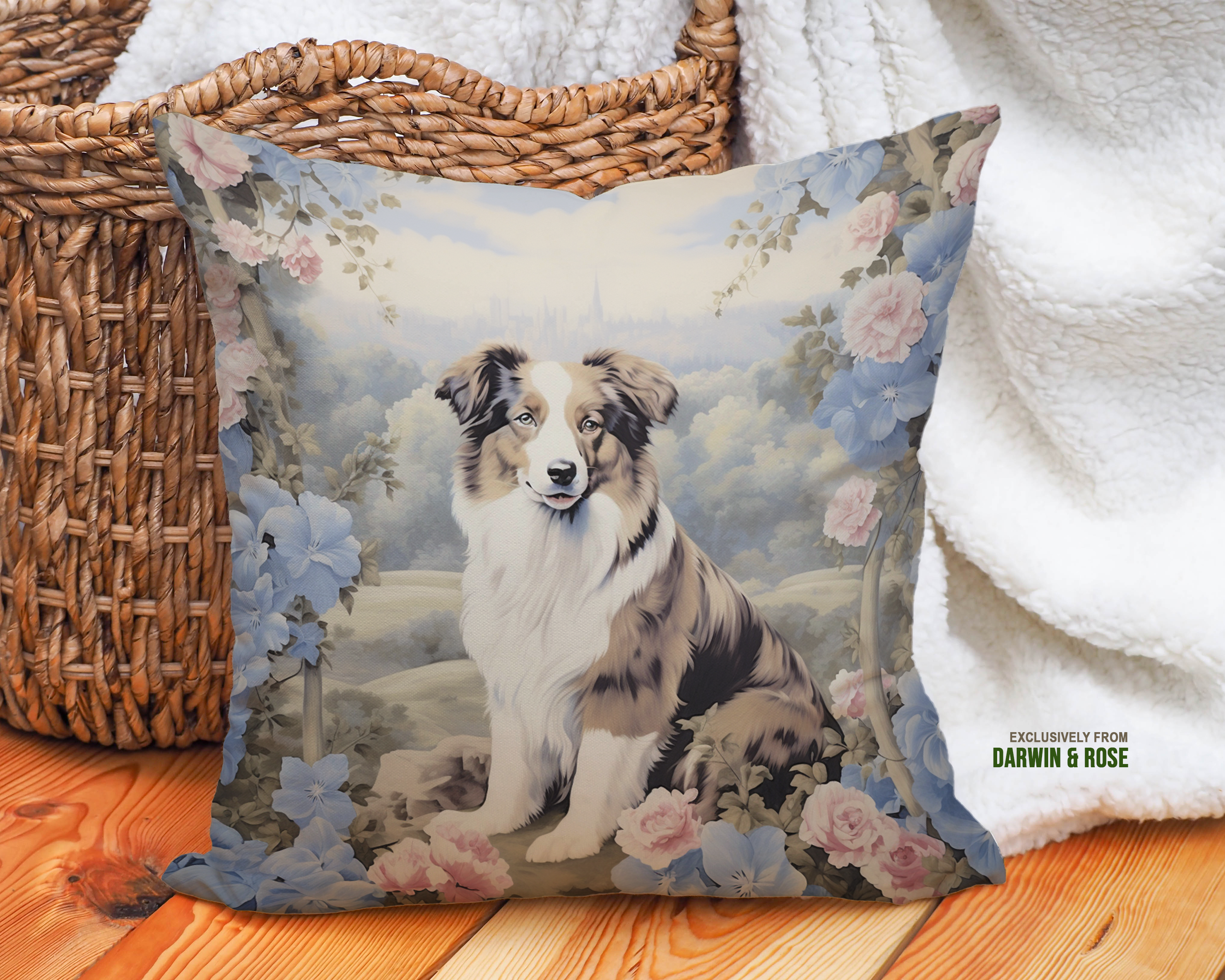 Australian Shepherd Floral Elegance Throw Pillow - Vintage Farmhouse Style