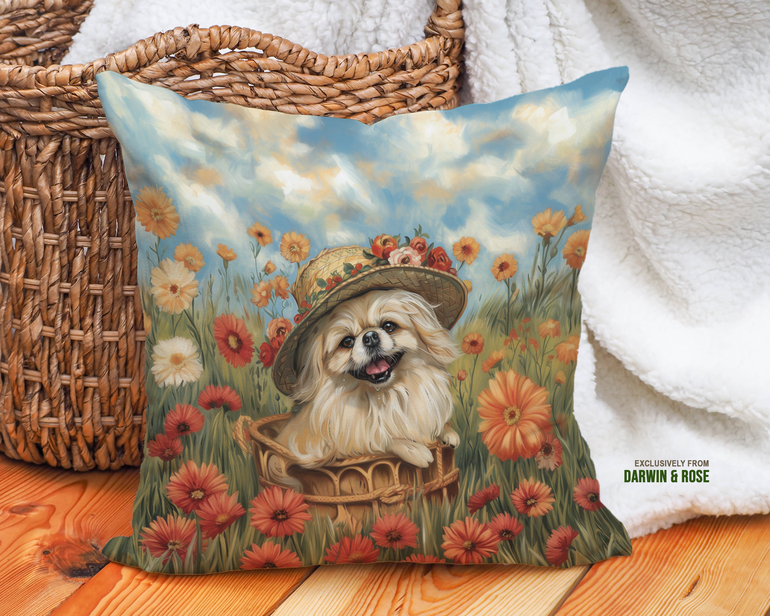 Pekingese in Bloom - Whimsical Boho Throw Pillow