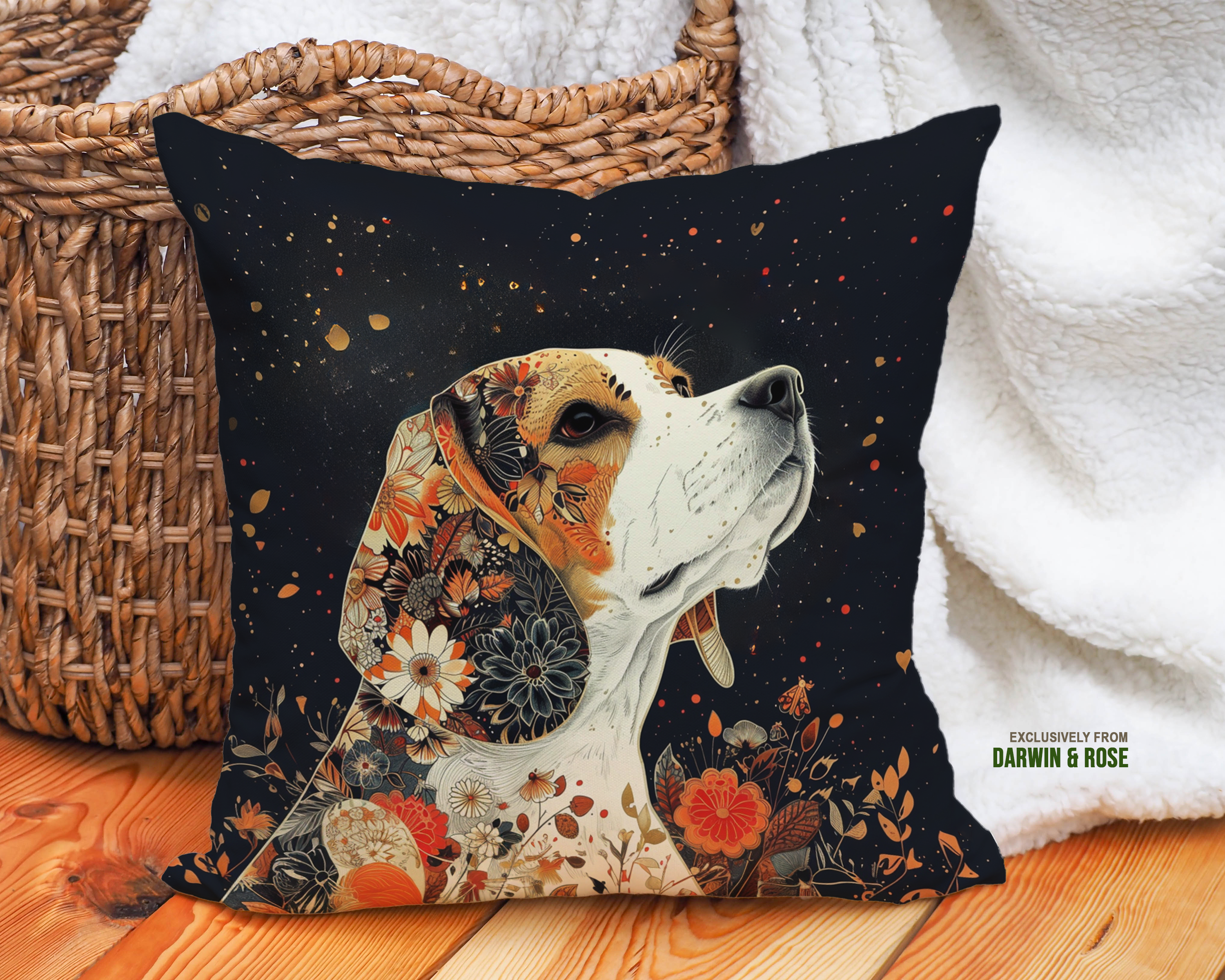 Floral Elegance Beagle Throw Pillow – Modern Boho Decor