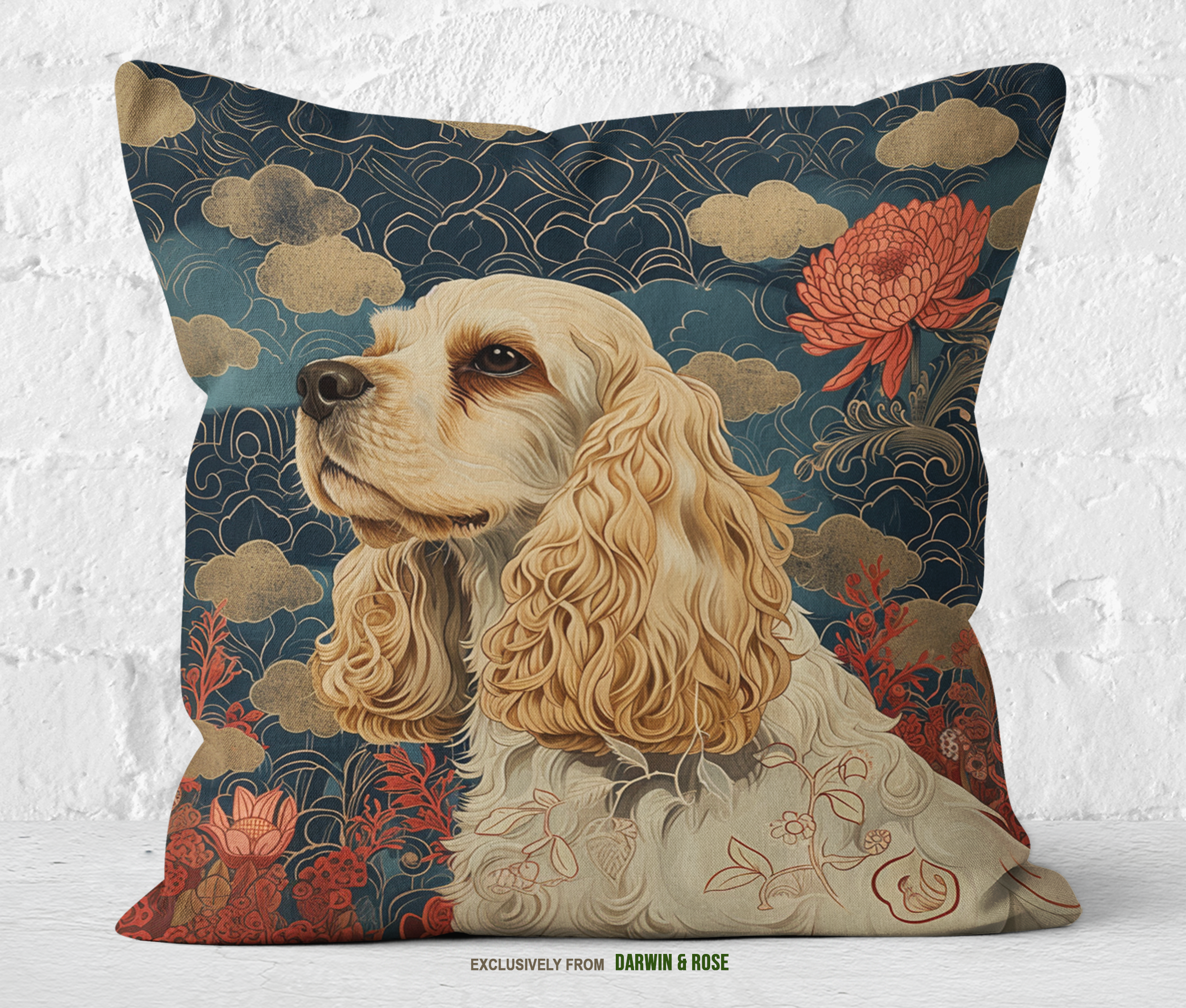 Cocker Spaniel Elegance Throw Pillow – Modern Floral Design