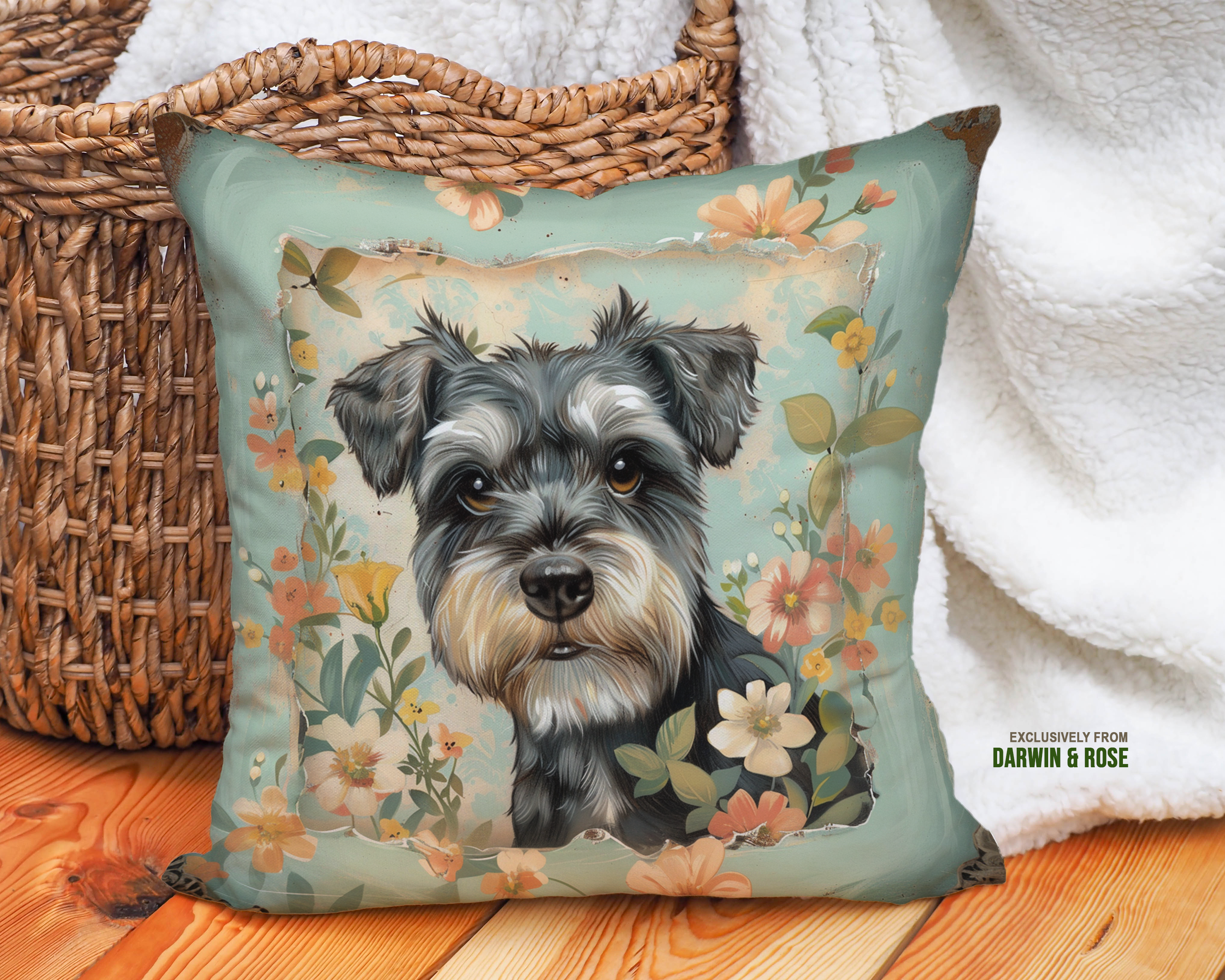 Charming Vintage Miniature Schnauzer Floral Throw Pillow