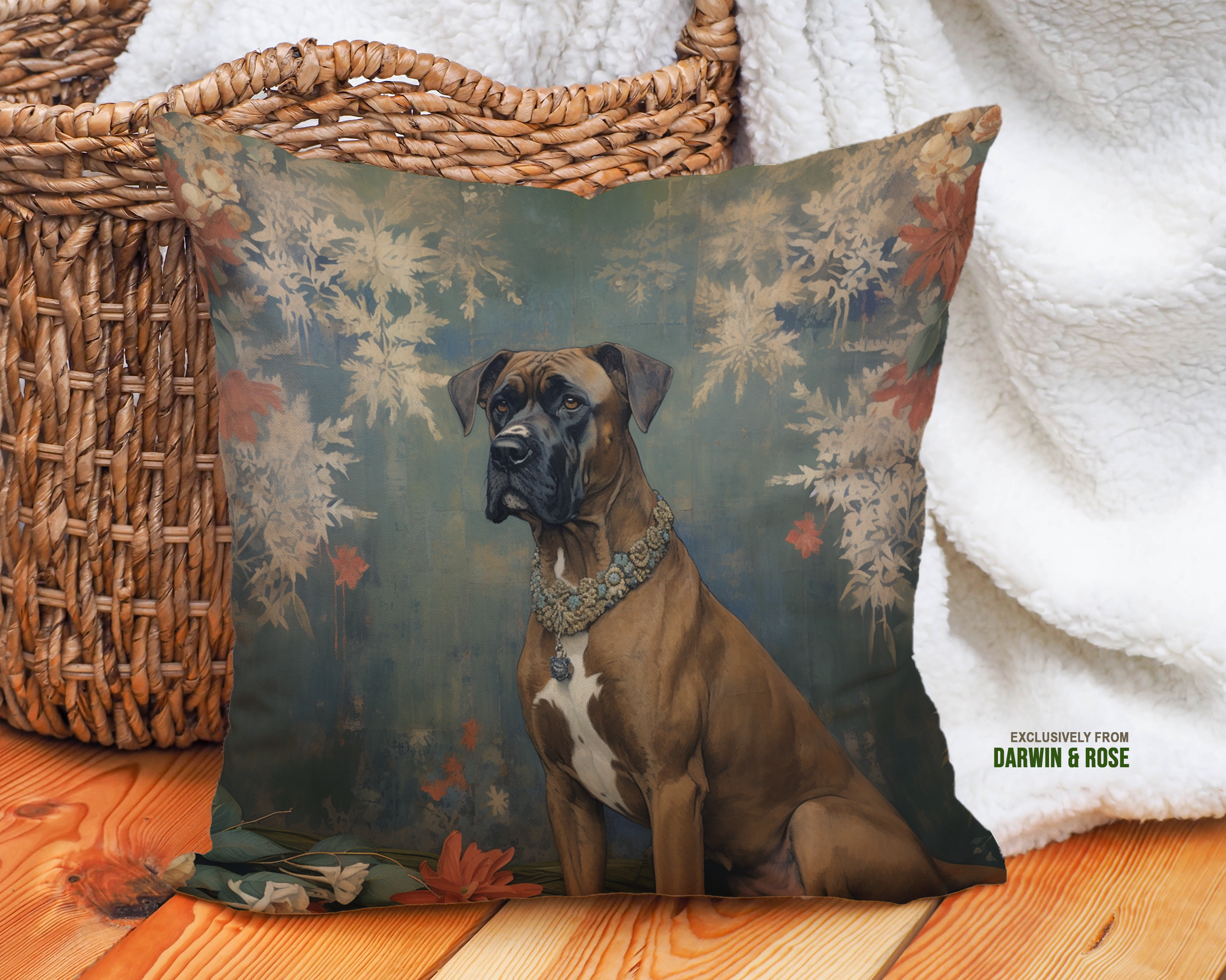 Vintage-Inspired Boxer Dog Throw Pillow – Rustic Floral Charm for Dog Lovers