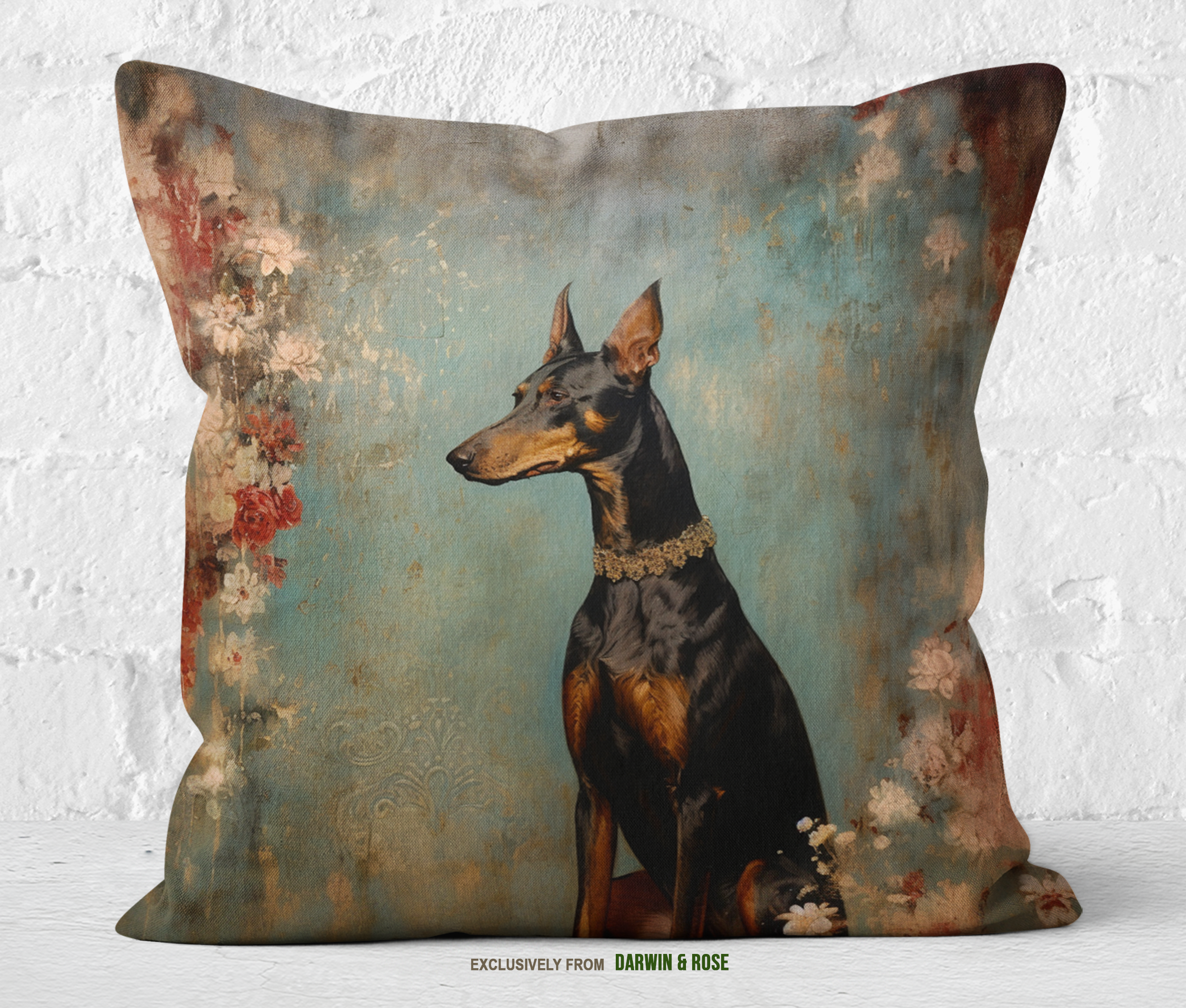 Elegant Doberman Pinscher Floral Art Throw Pillow – Vintage Chic Style