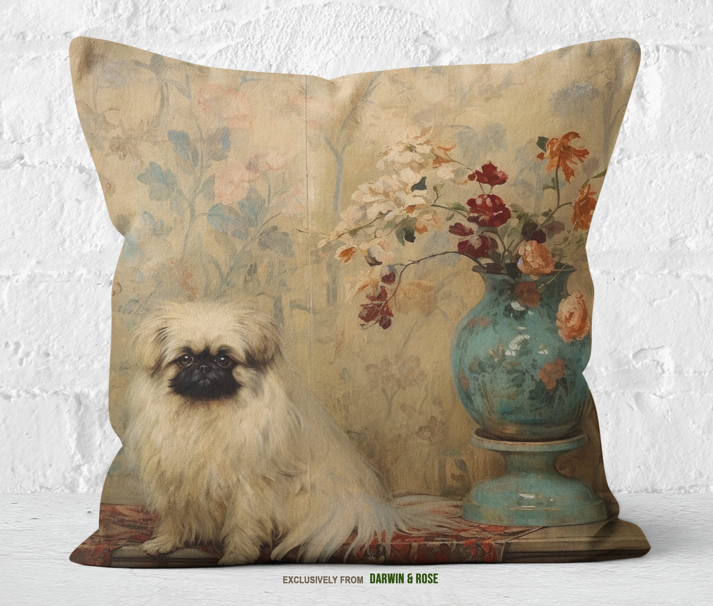 Elegant Vintage Pekingese Dog Throw Pillow – Classic Boho Floral Decor
