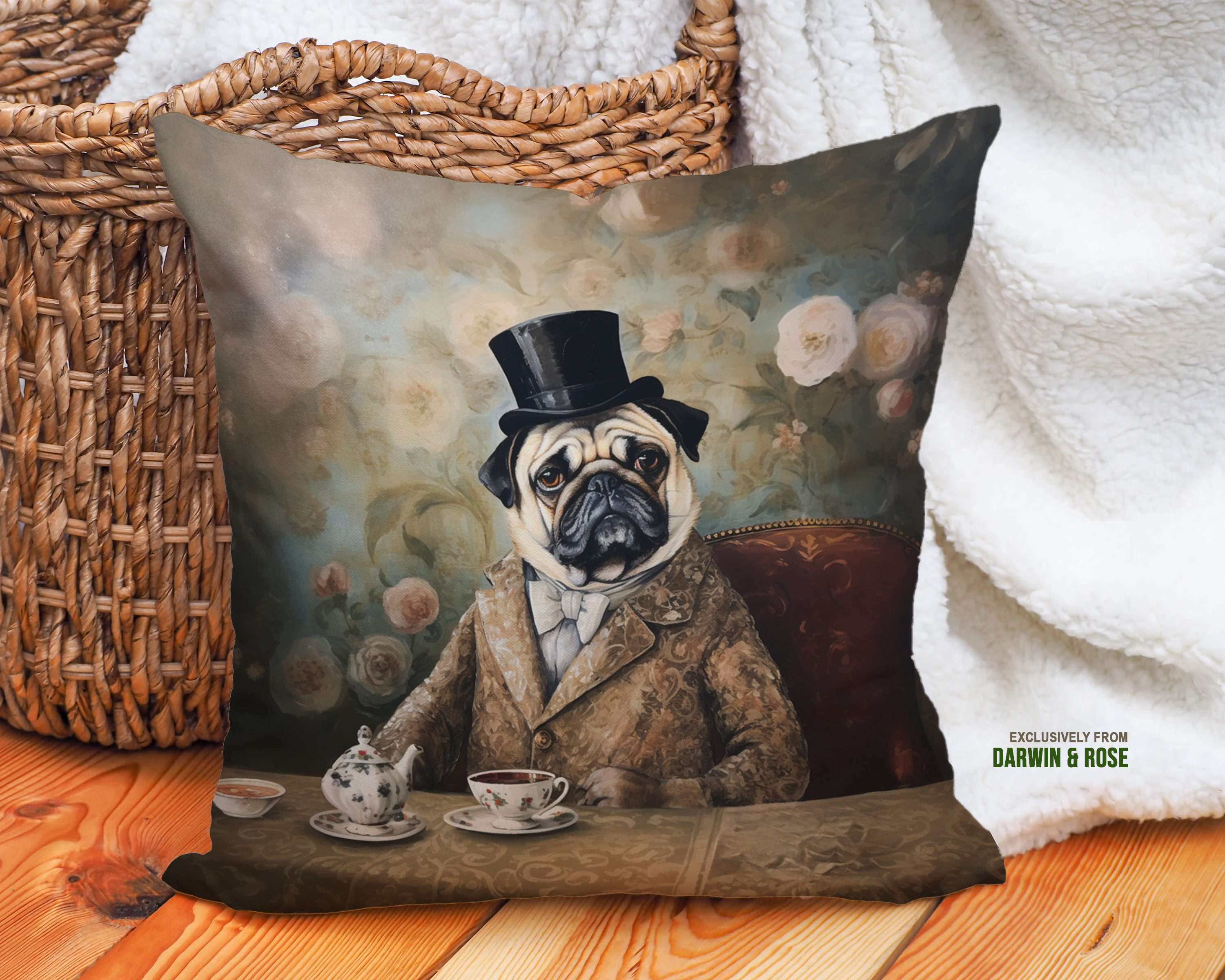 Pug Tea Party Elegance Throw Pillow – Vintage Victorian Style