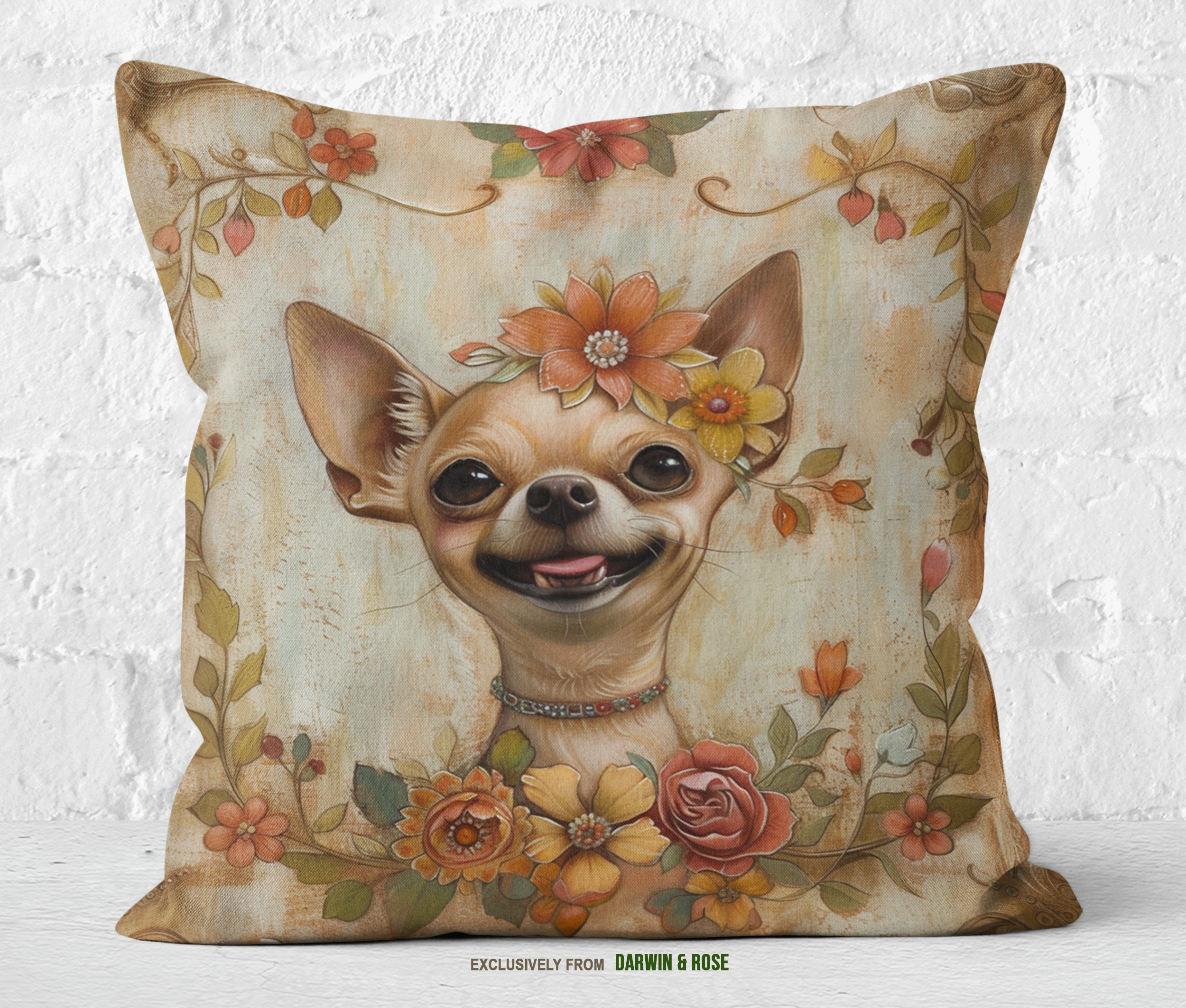 Charming Chihuahua Floral Boho Throw Pillow for Dog Lovers