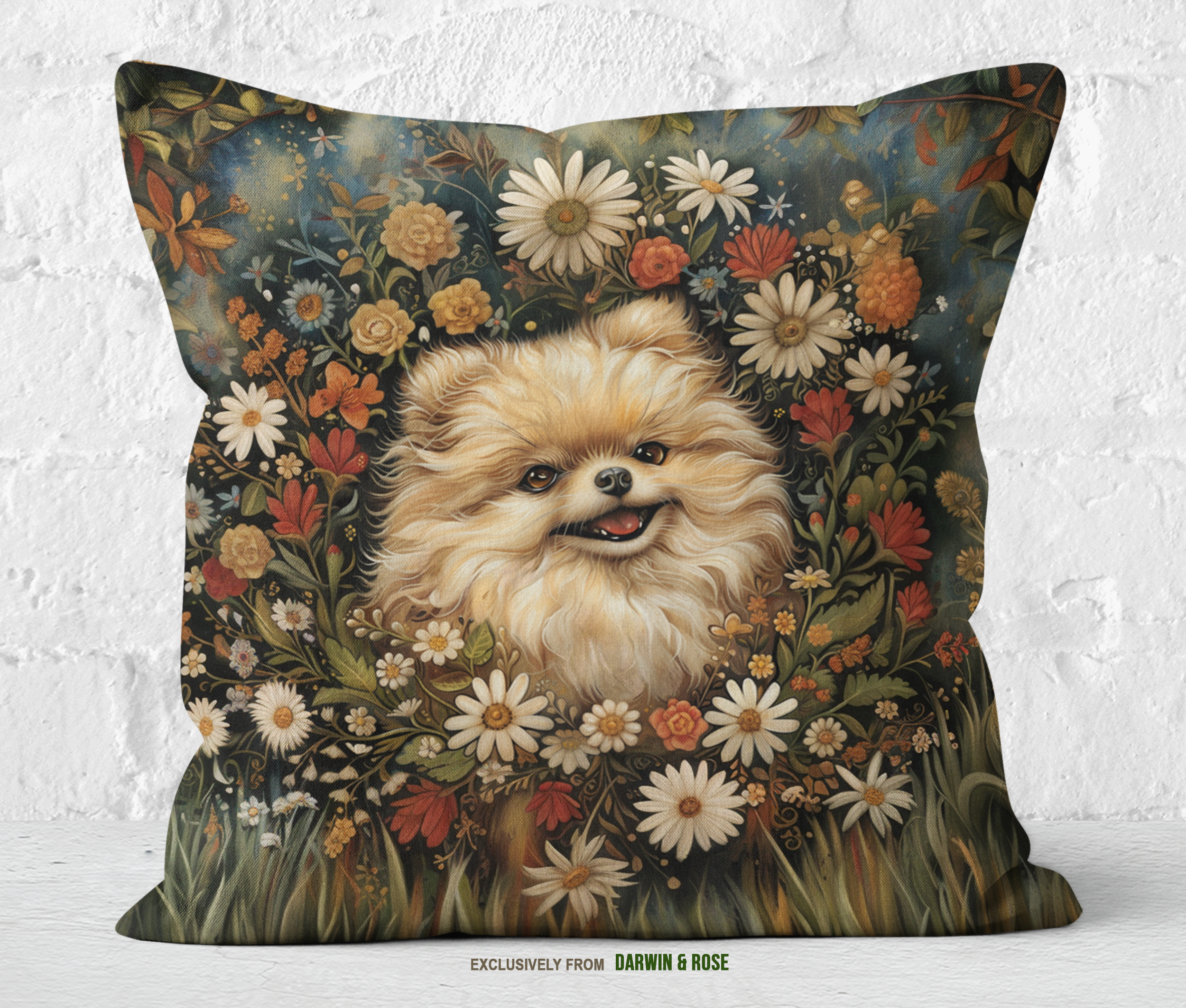 Pomeranian Floral Charm Boho Throw Pillow