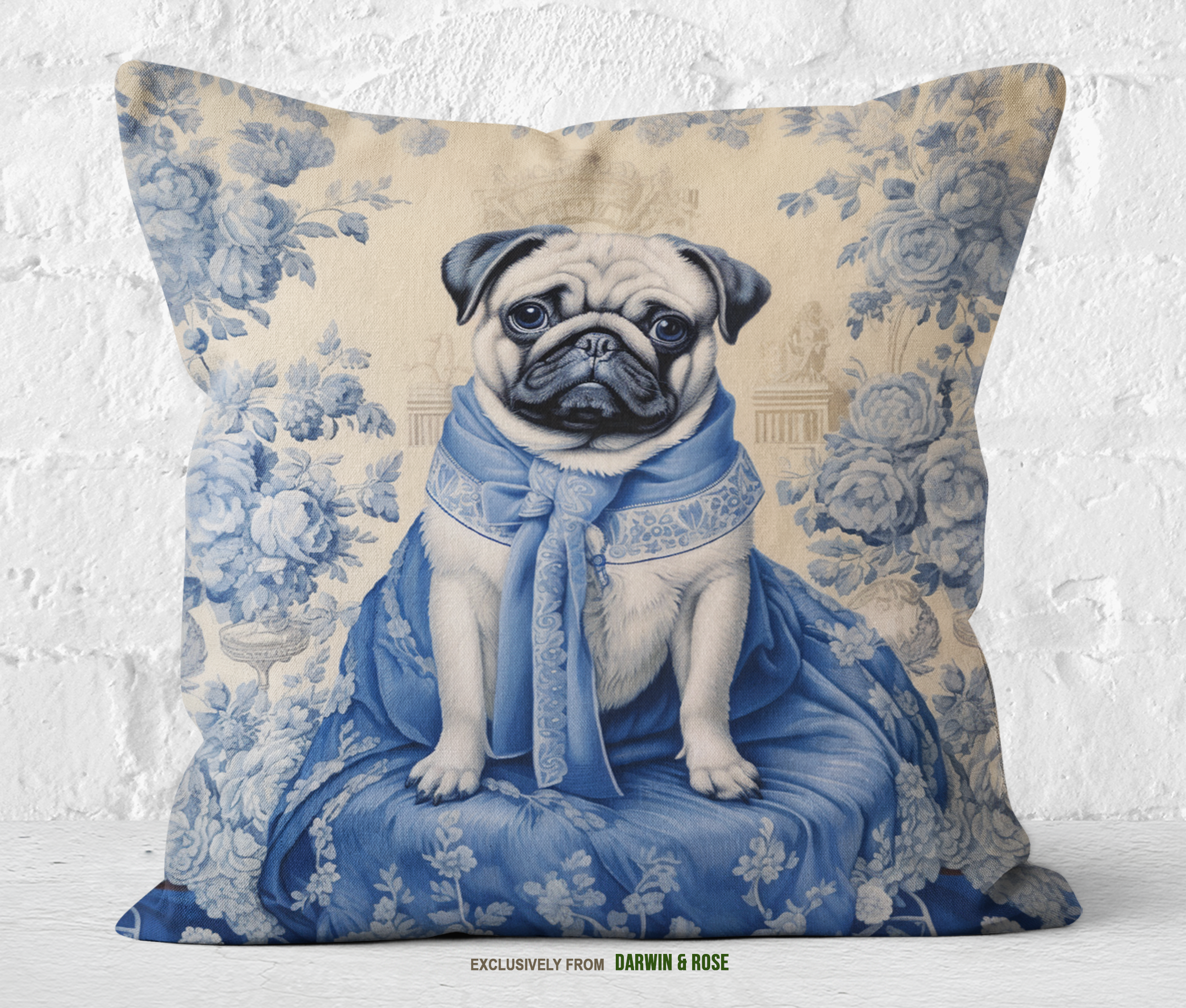 Royal Pug Elegance Throw Pillow – Vintage Blue Toile Design for Modern Decor