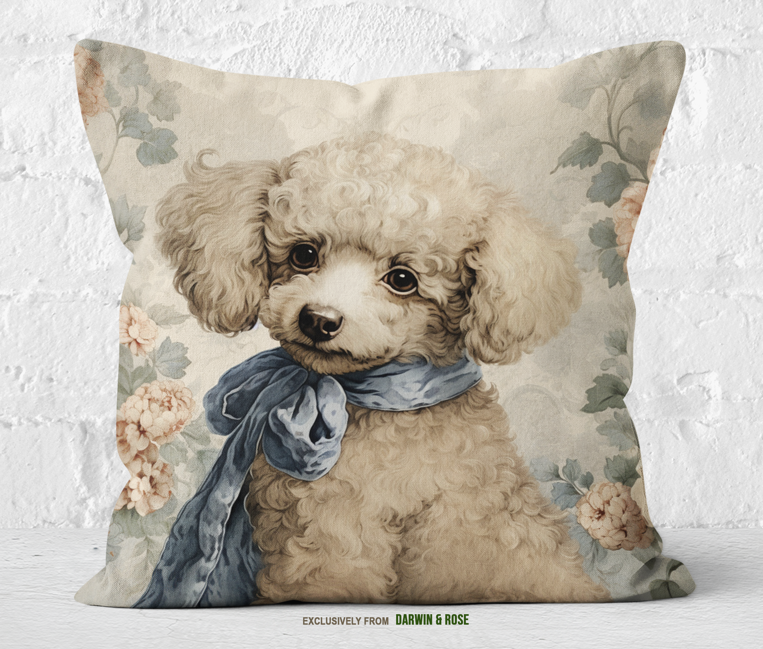 Floral Vintage Poodle Throw Pillow – Elegant Farmhouse Style Decor