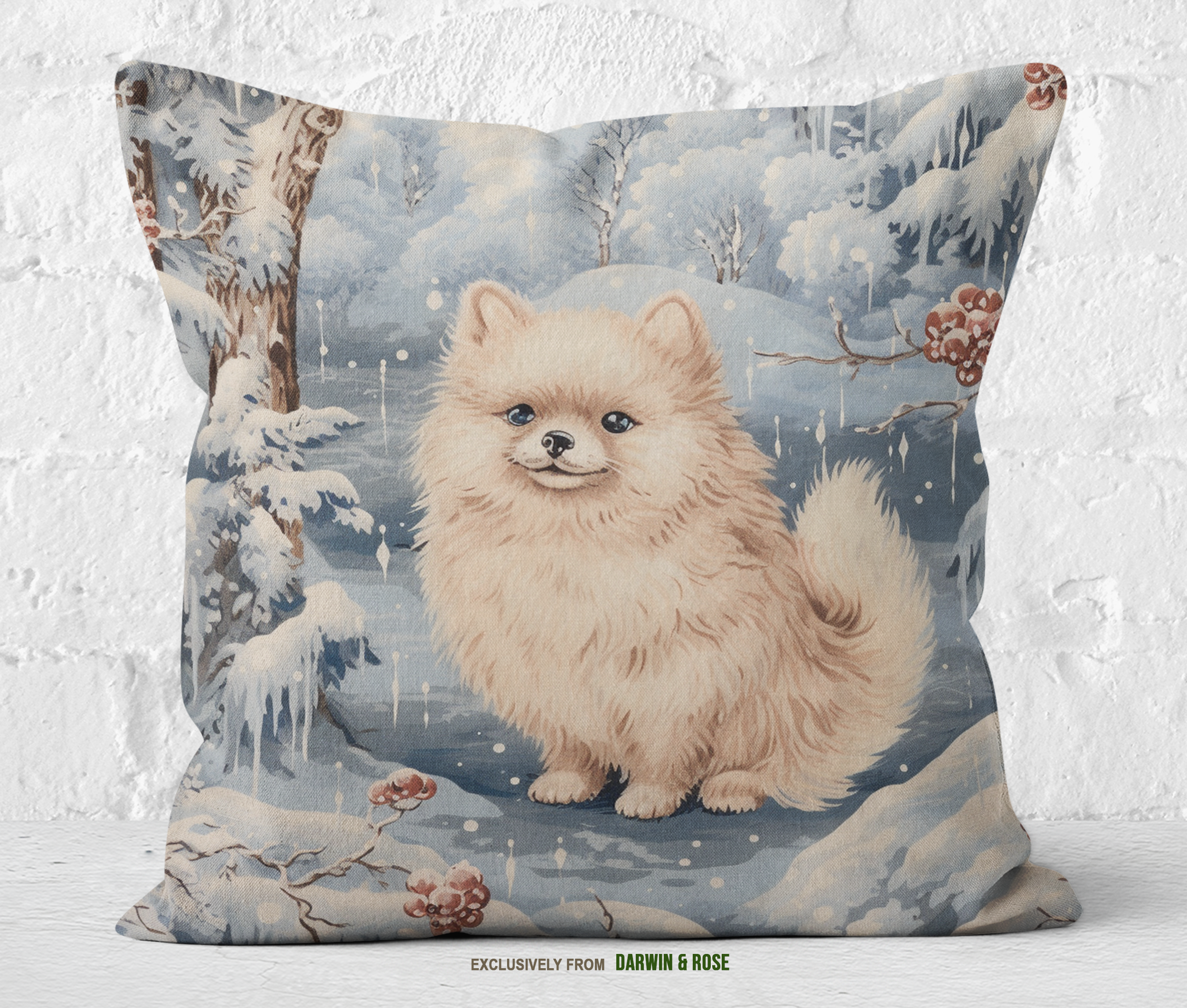 Winter Wonderland Pomeranian Throw Pillow - Cozy Farmhouse Décor