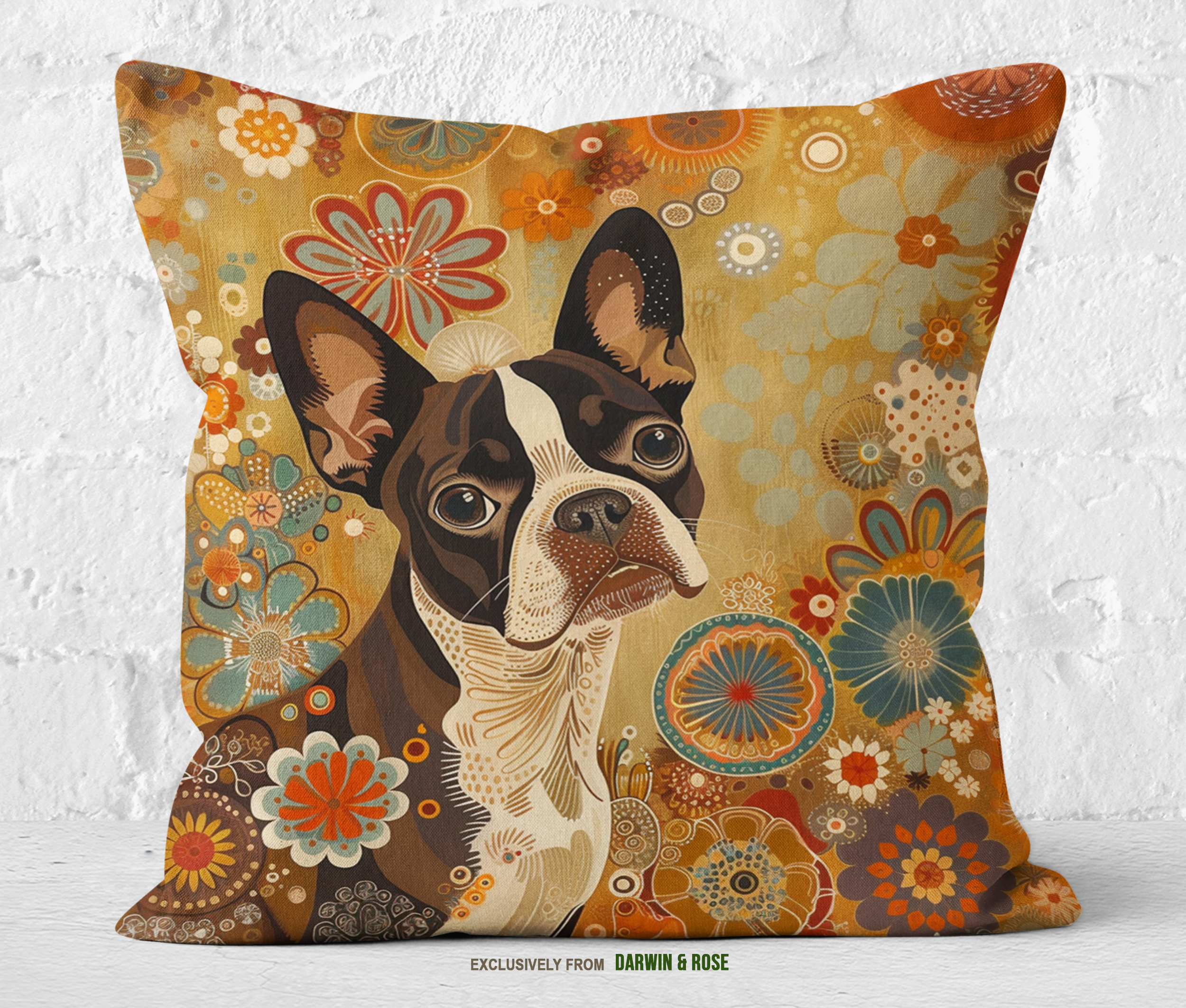 Boston Terrier Boho Floral Throw Pillow