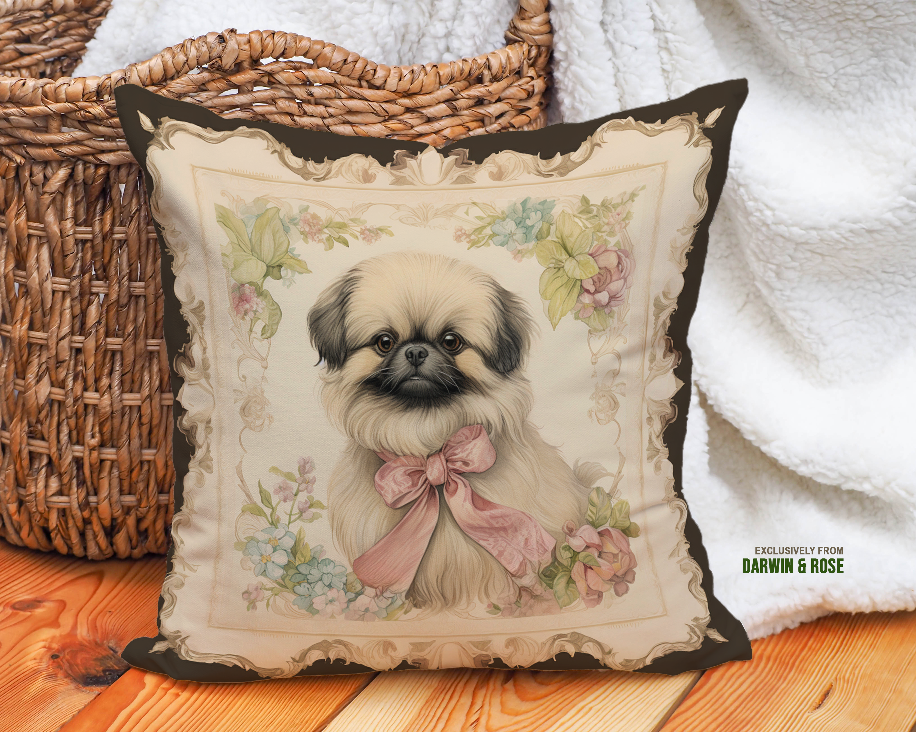 Pekingese Elegance Vintage Floral Throw Pillow