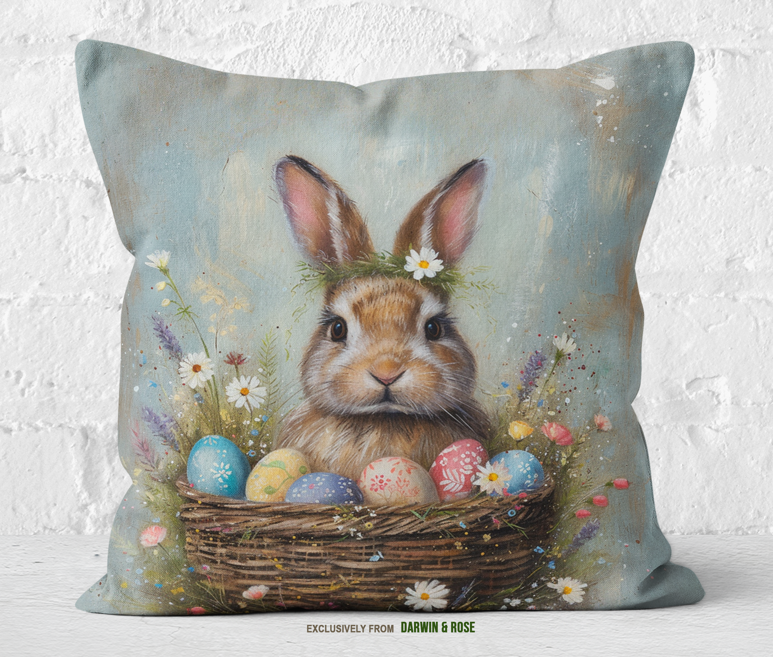 Easter Bunny Boho Throw Pillow with Spring Florals and Eggs