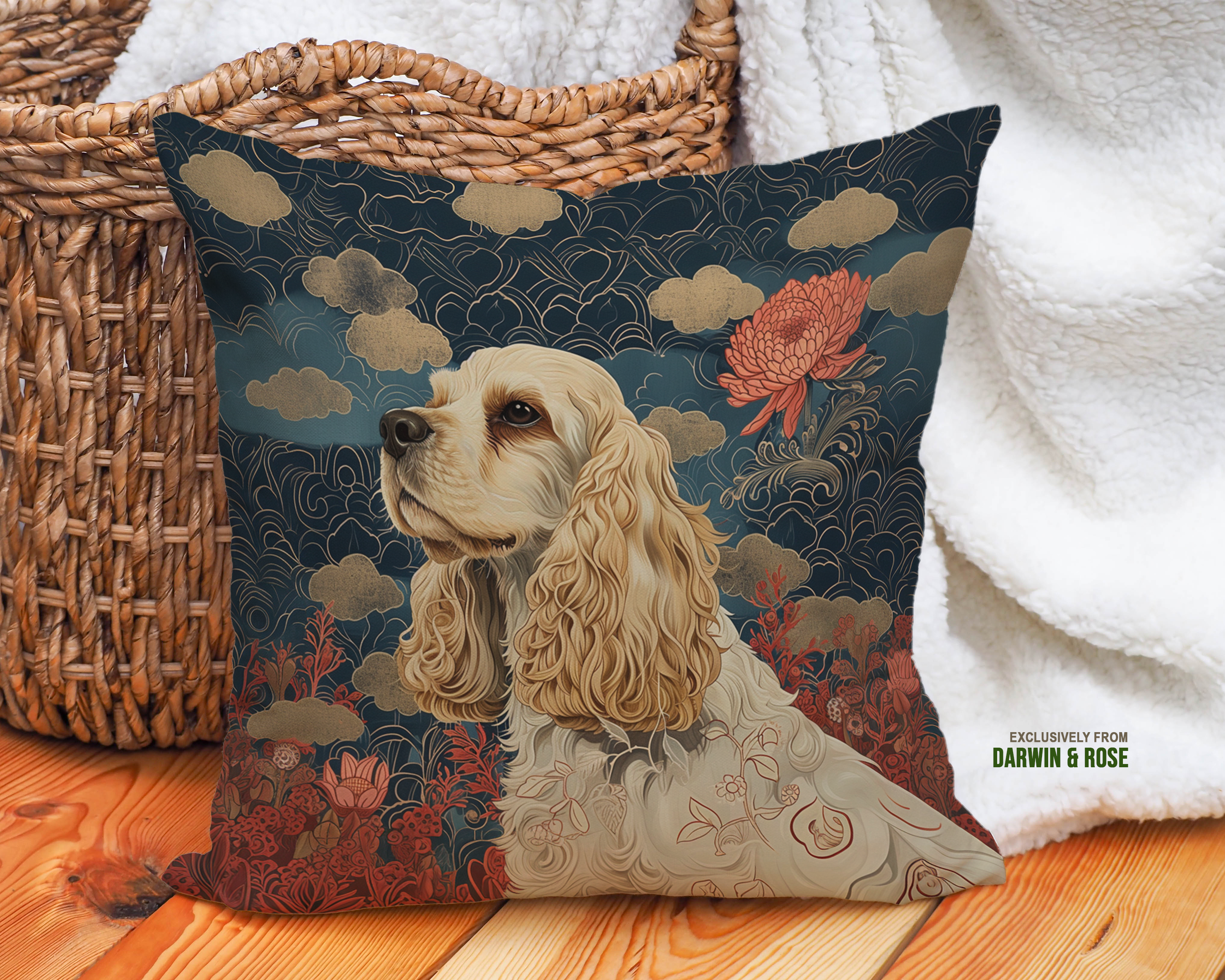 Cocker Spaniel Elegance Throw Pillow – Modern Floral Design
