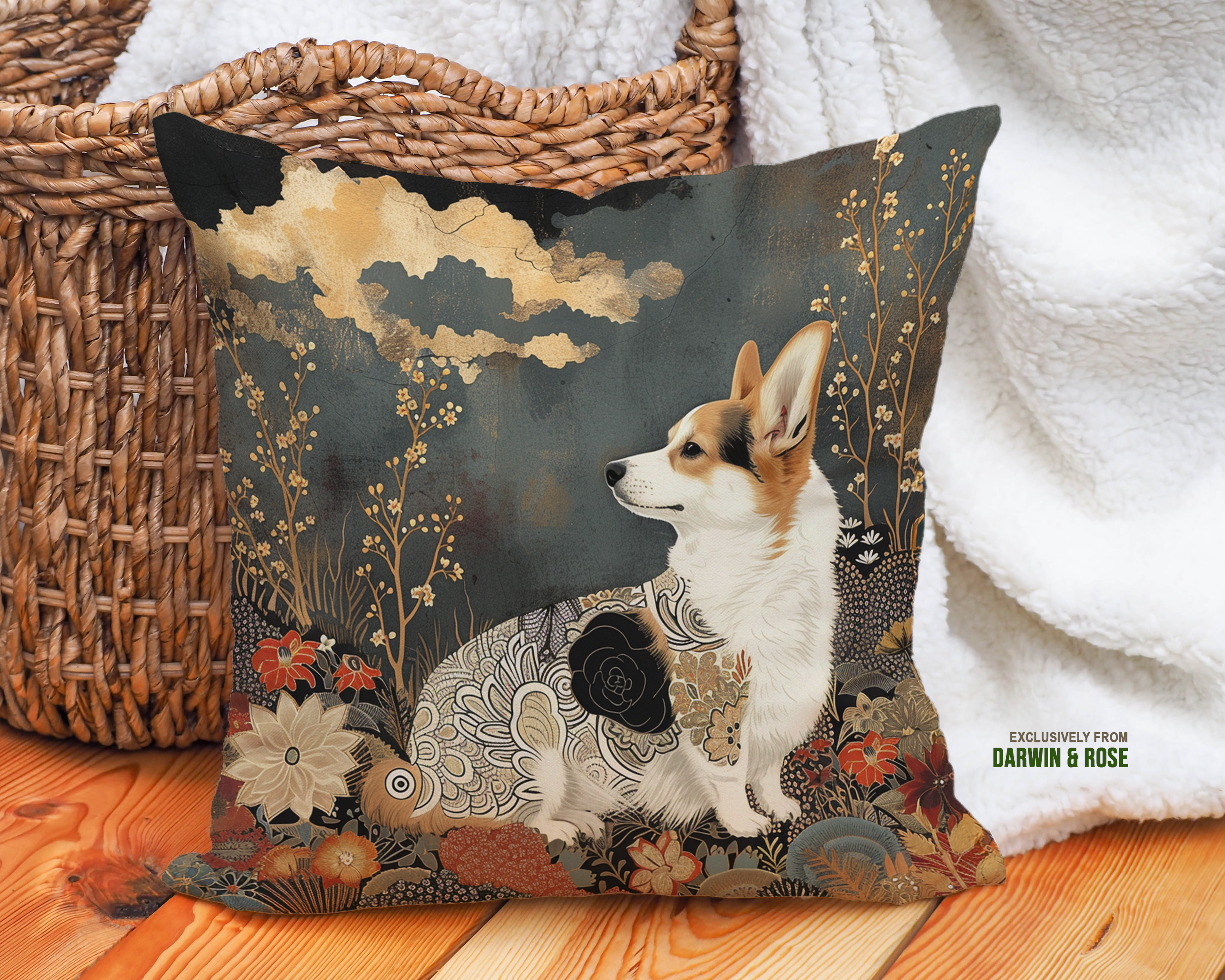 Cardigan Welsh Corgi Boho Floral Throw Pillow